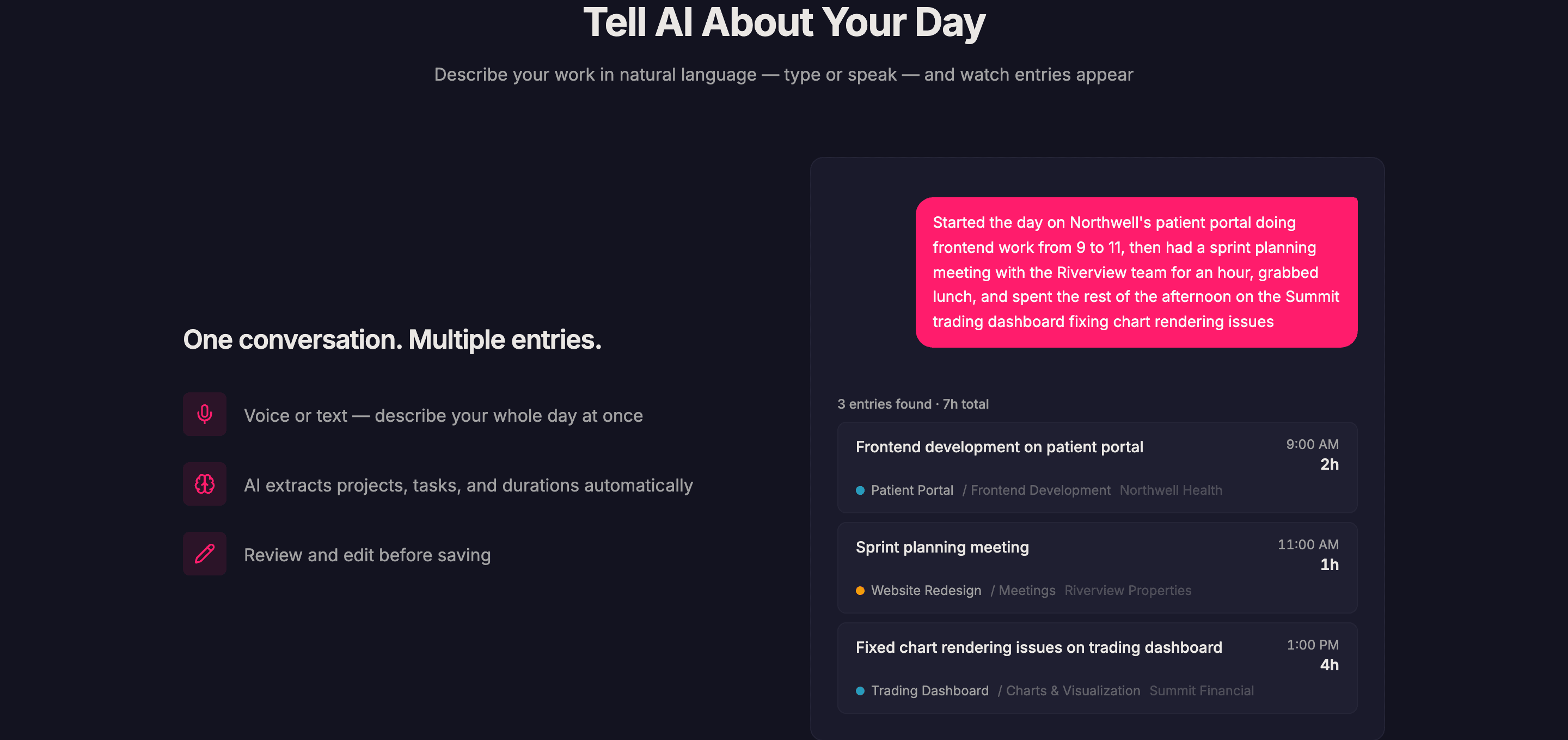 Tell AI turning a plain-English description into time entries