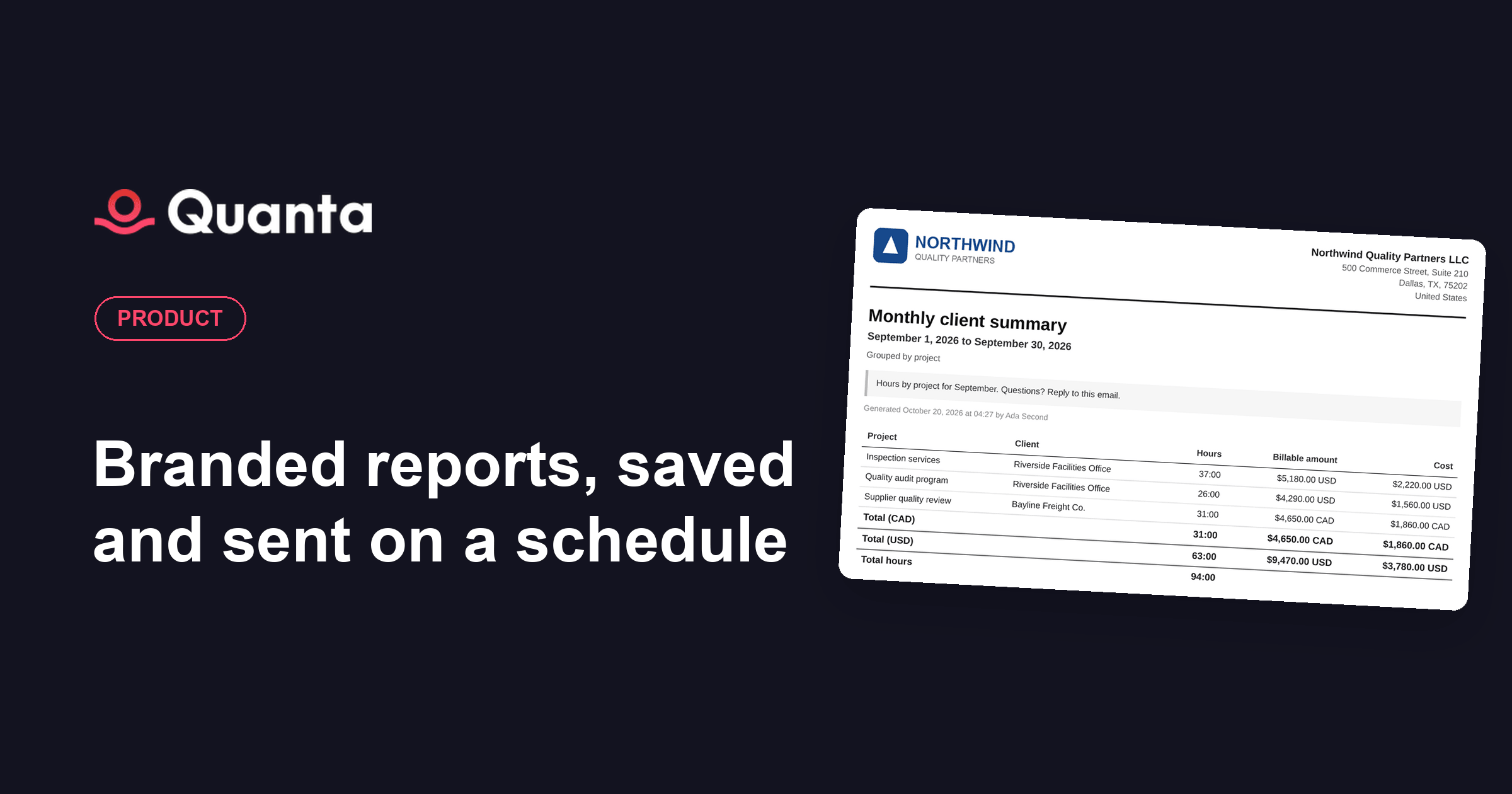 Branded reports, saved and sent on a schedule