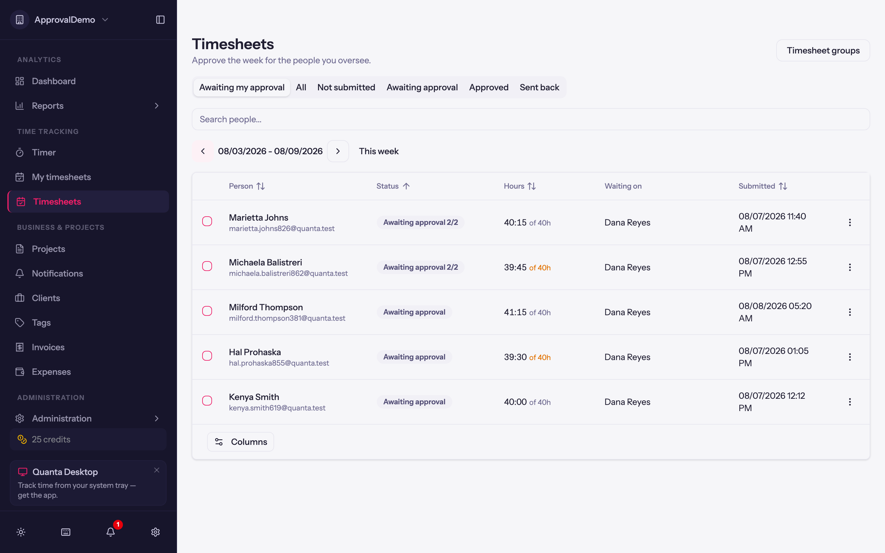 Weekly Timesheet Approval in Quanta