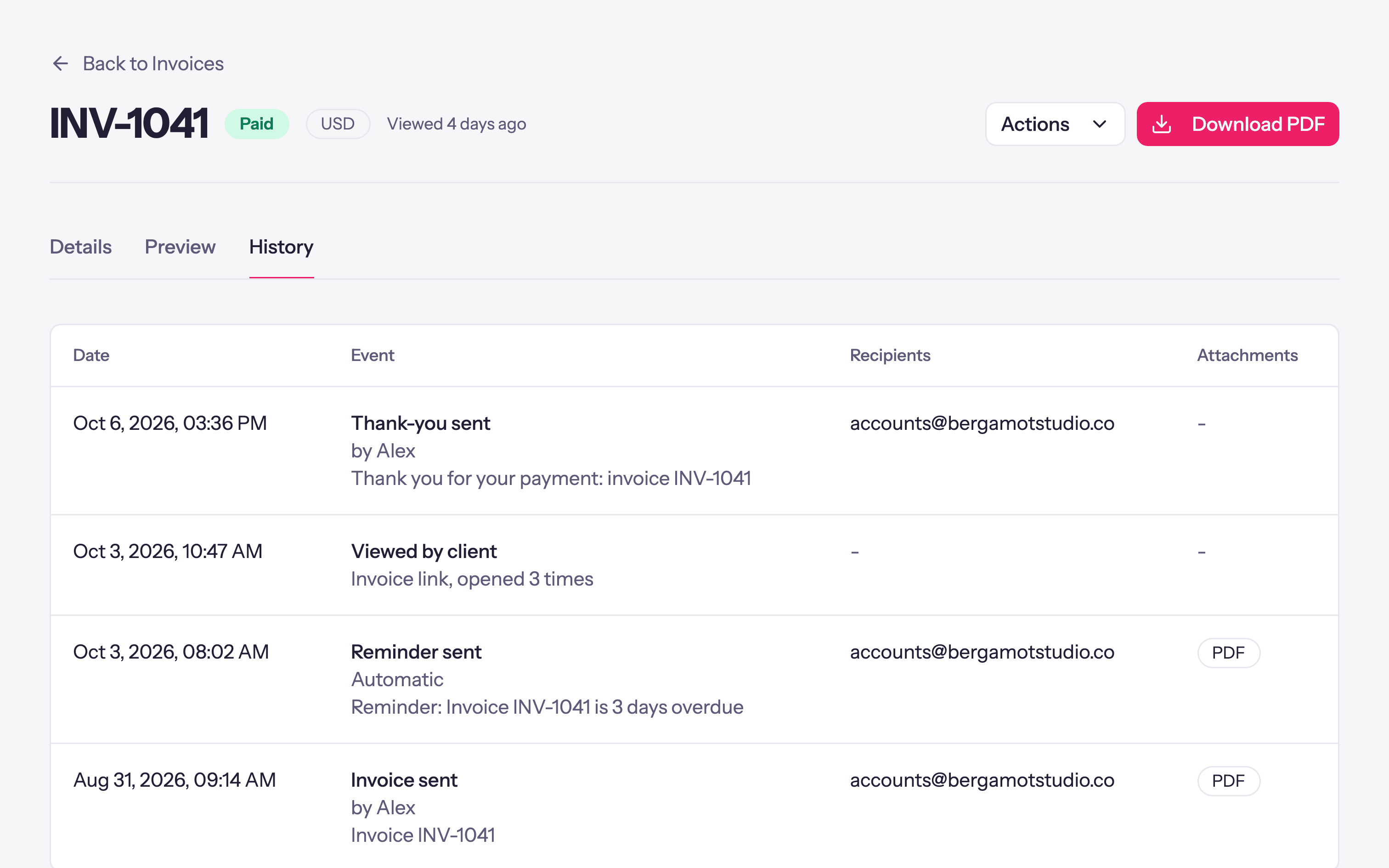 A Quanta invoice's history: sent, a payment reminder, viewed by the client, and a thank-you for the payment