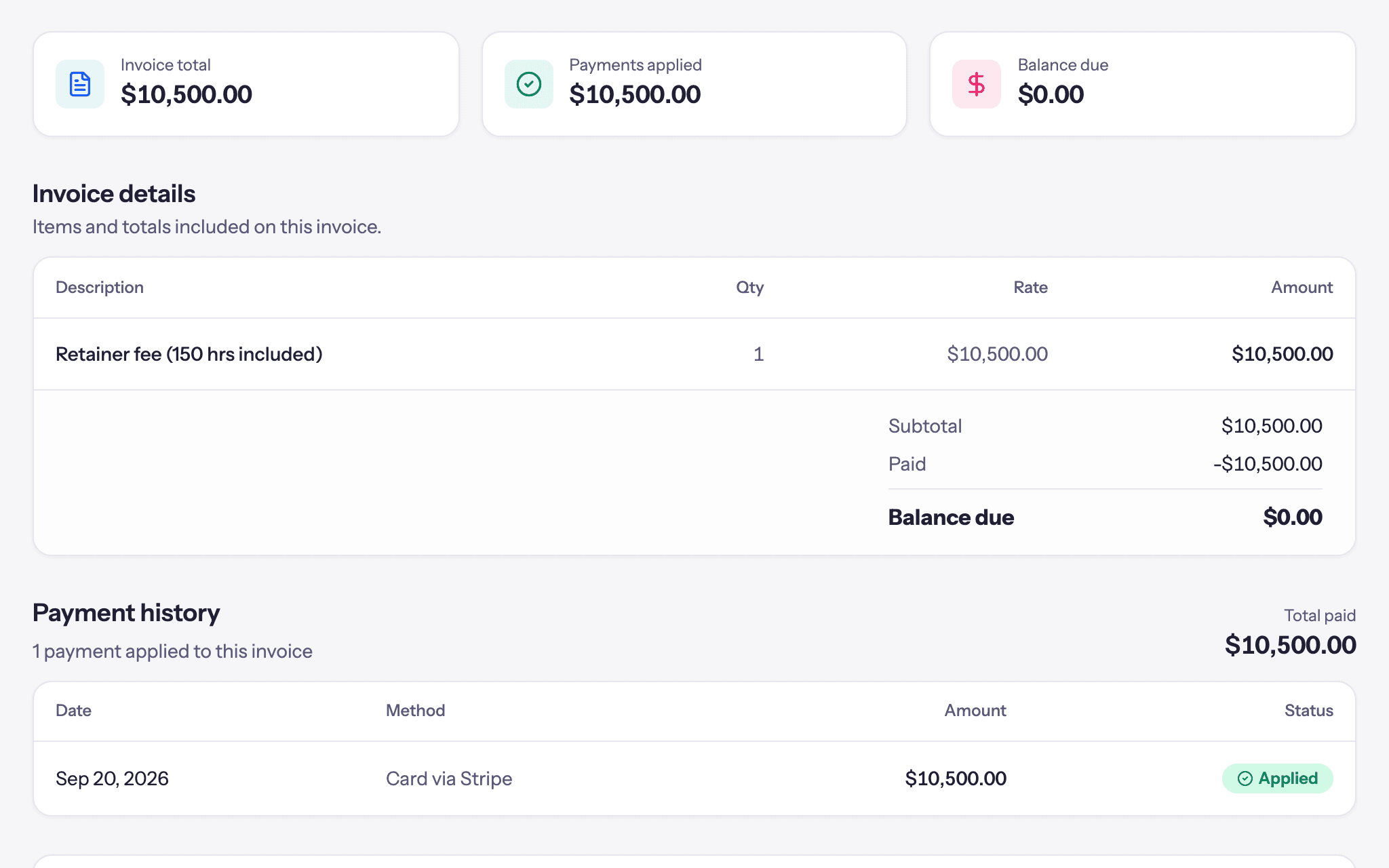A paid invoice in the client portal with a card payment through Stripe in its payment history