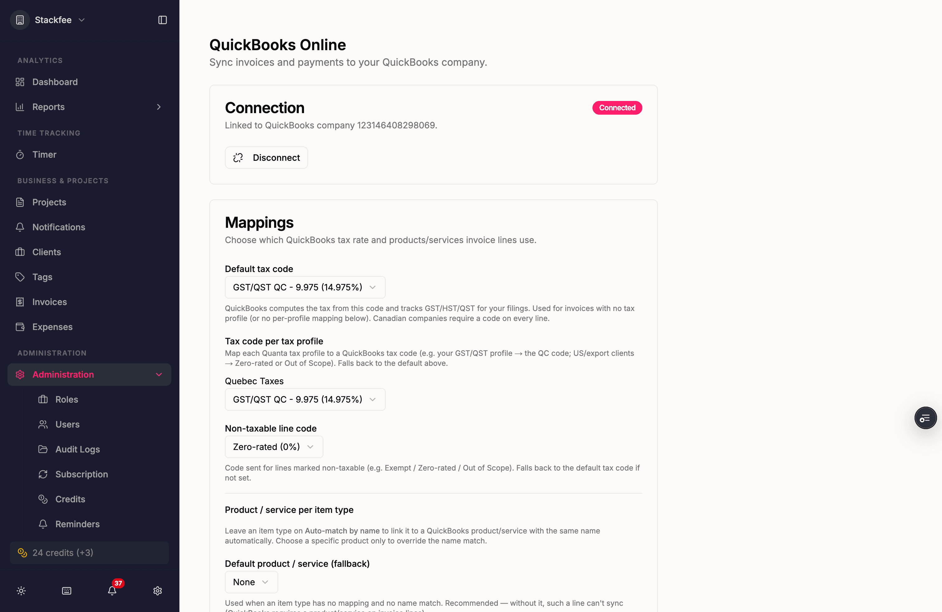 Quanta's QuickBooks Online integration settings