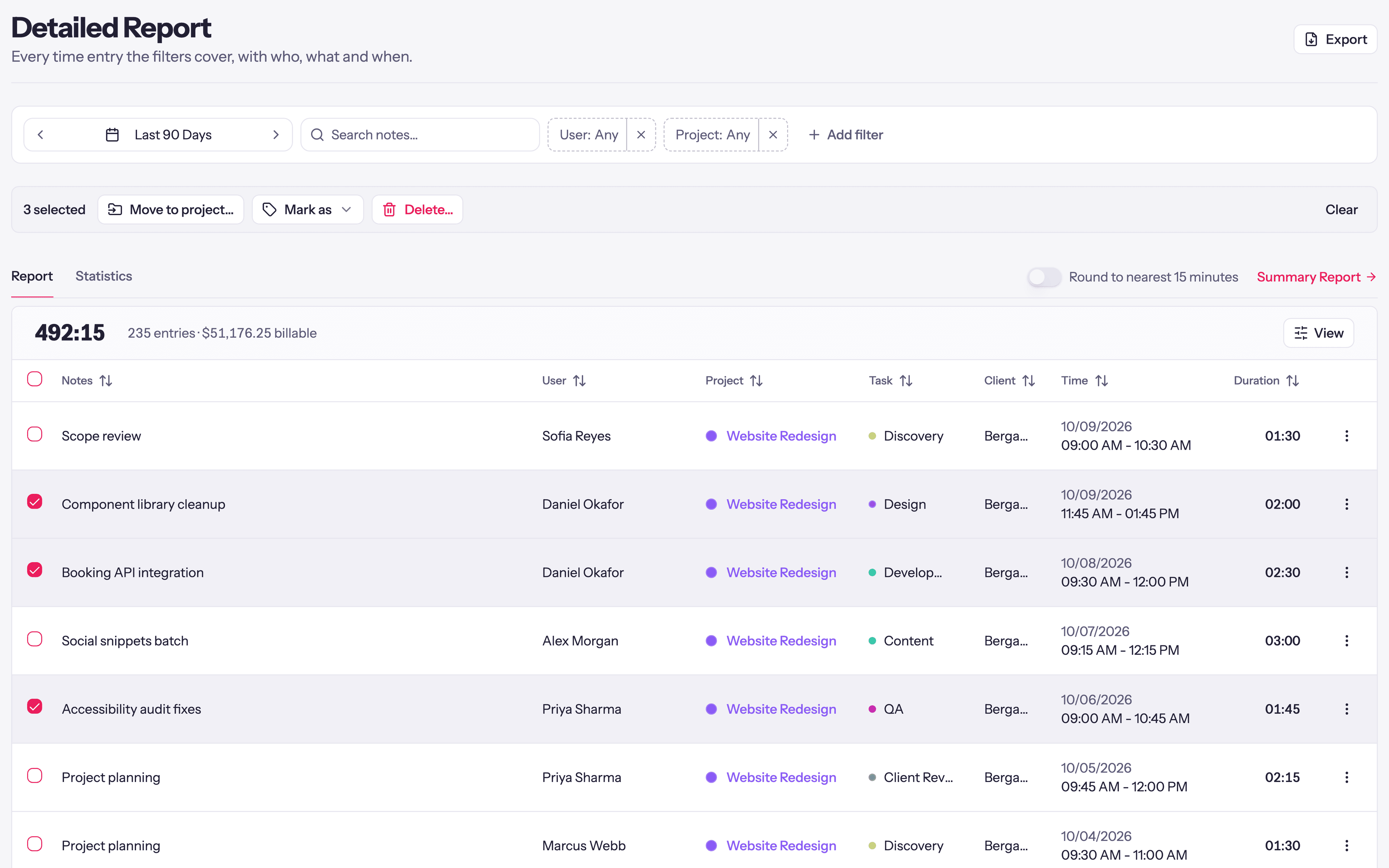 Quanta's detailed report with three entries selected and the bulk actions bar: move to project, mark as, delete