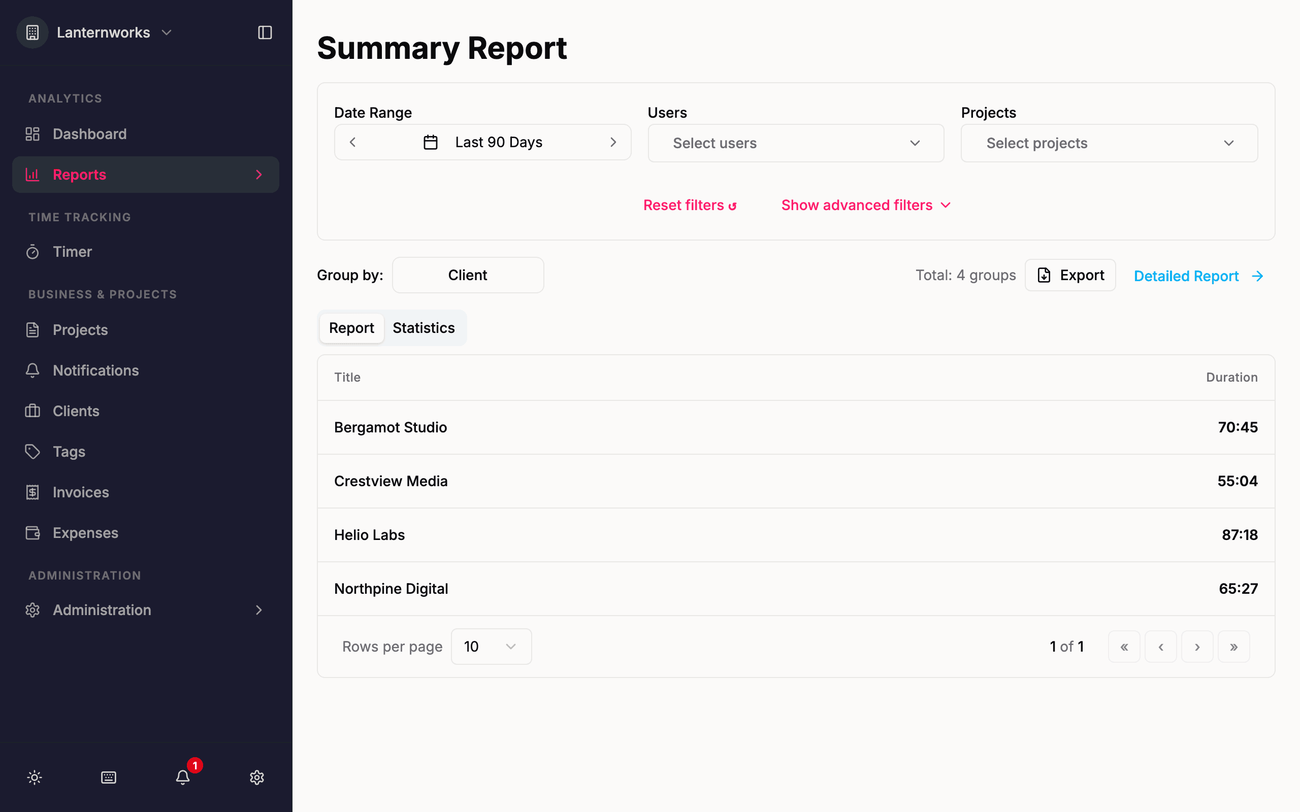Time and billing reports in Quanta
