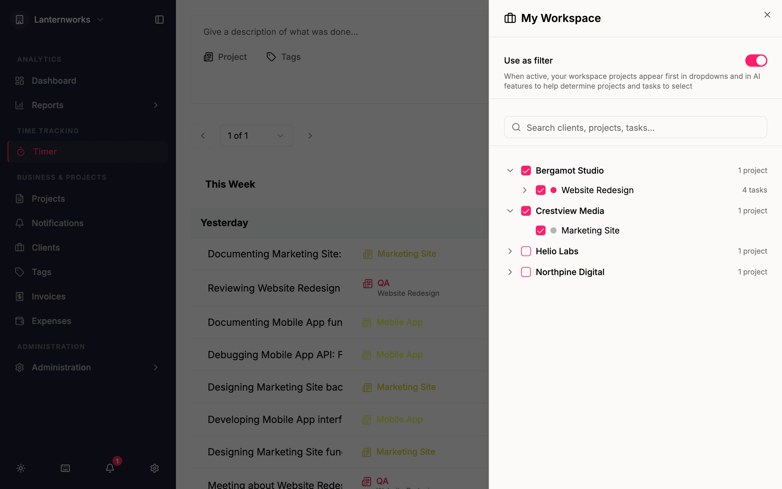 My Workspace — pin active clients, projects, and tasks in Quanta