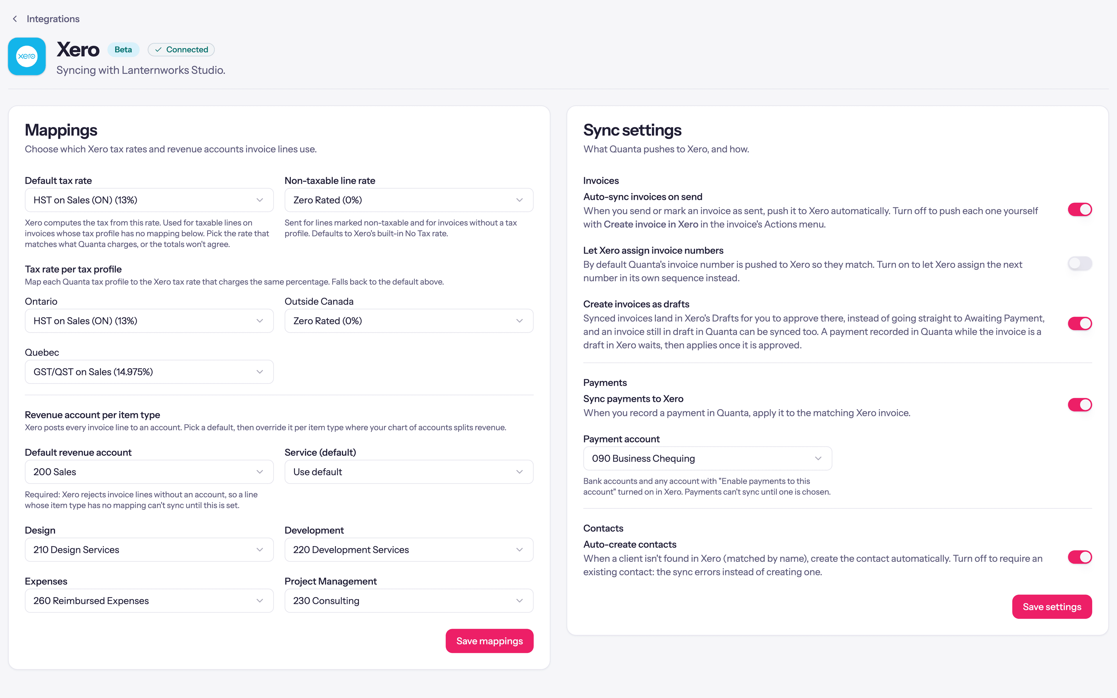 Xero connected in Quanta, with tax rates and revenue accounts mapped and invoices set to arrive as drafts