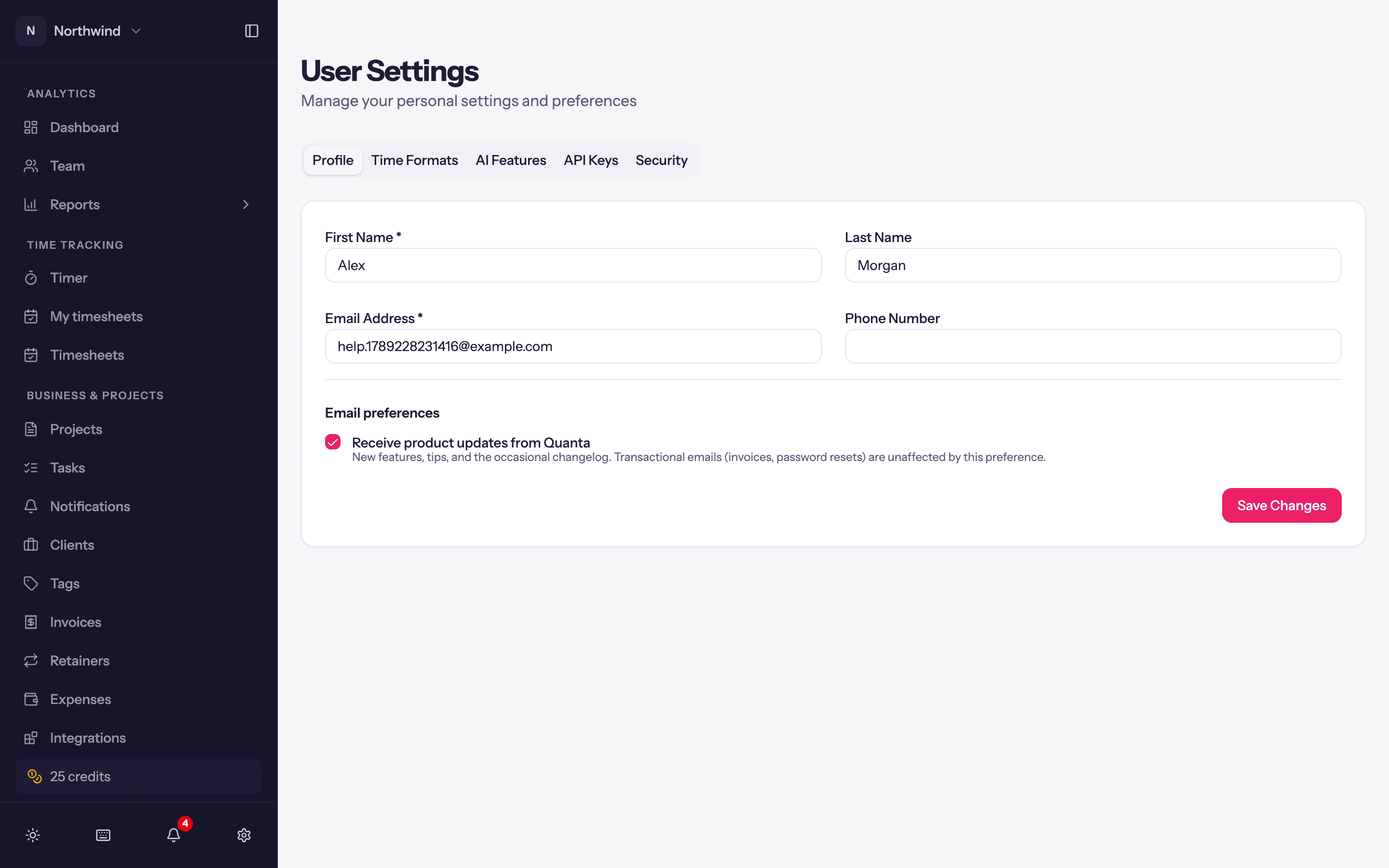 User Settings on the Profile tab.