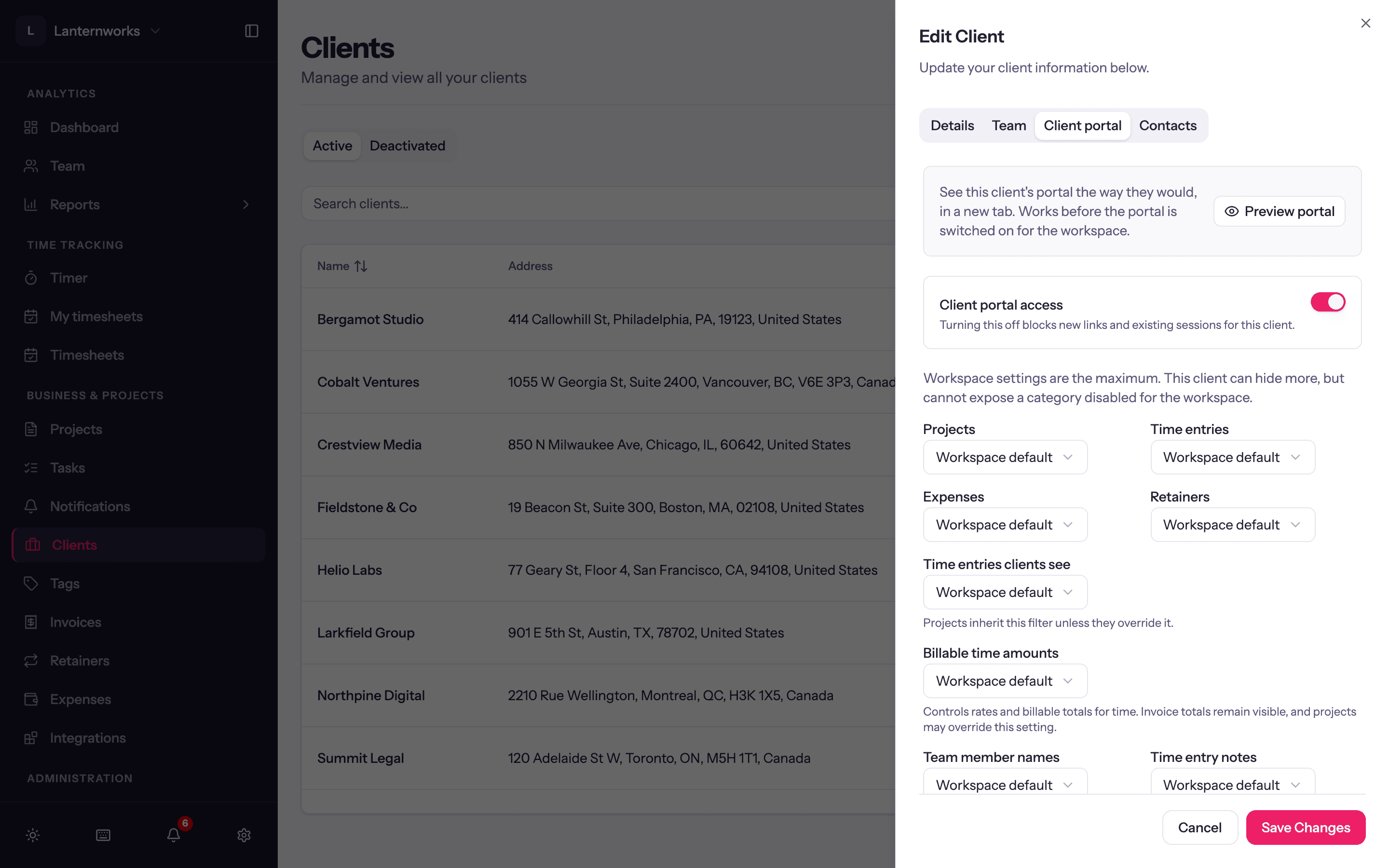 A client's Client portal tab: Preview portal, the Client portal access switch, and settings that default to the workspace.