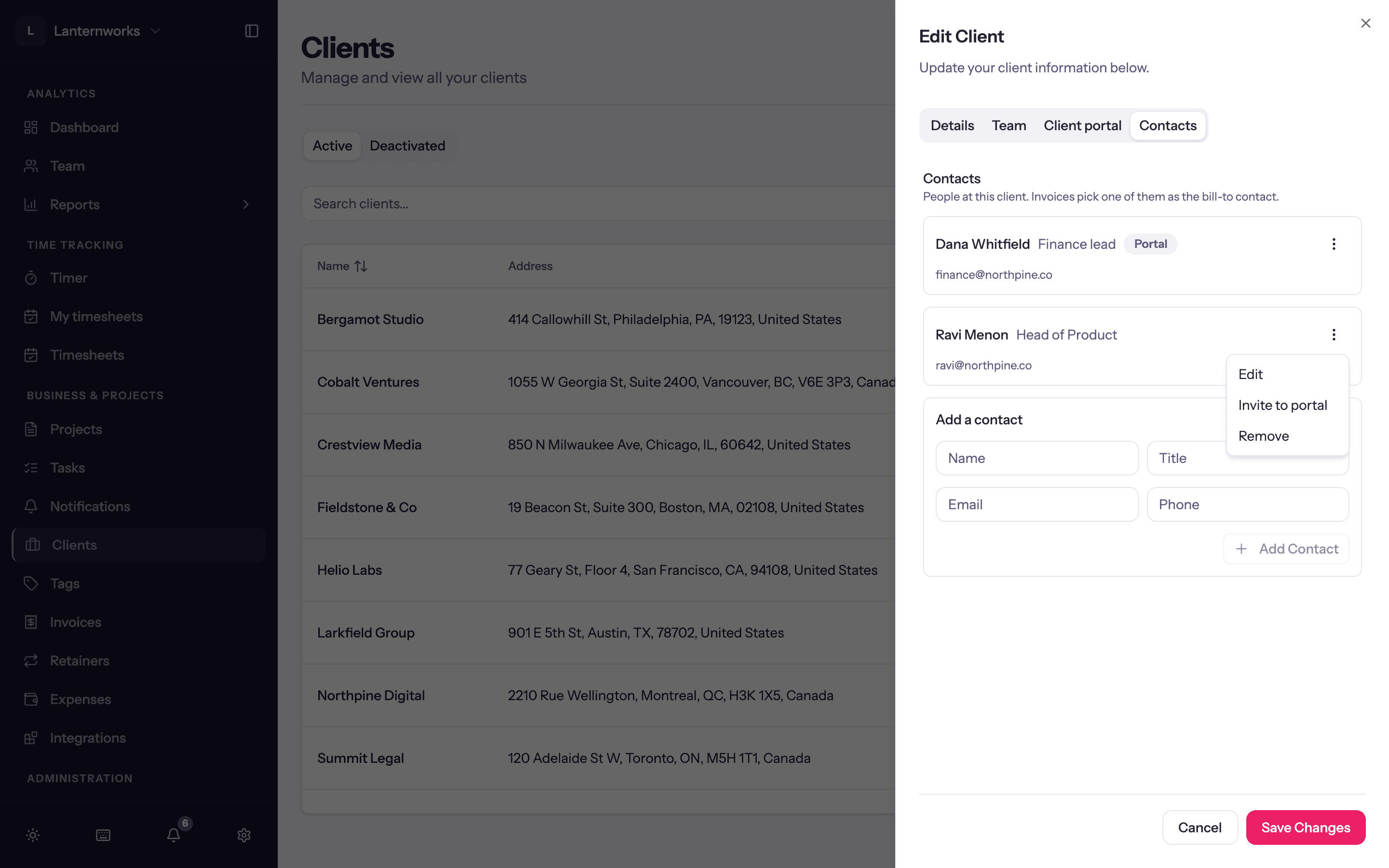 A client's Contacts tab: one contact with portal access and the row menu of another showing Invite to portal.