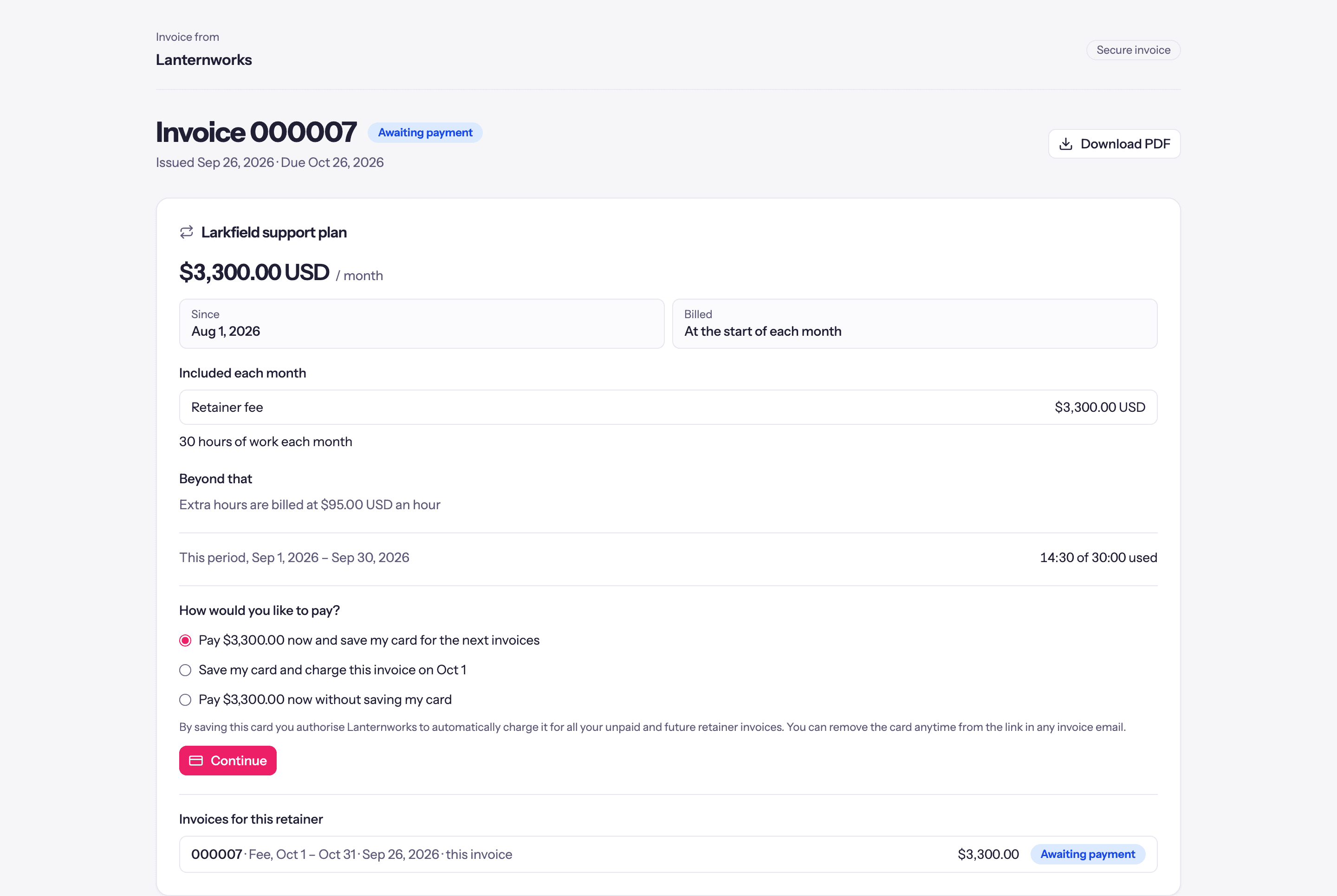 A retainer invoice in the portal: the retainer's terms and usage, then How would you like to pay? with three options and Continue.