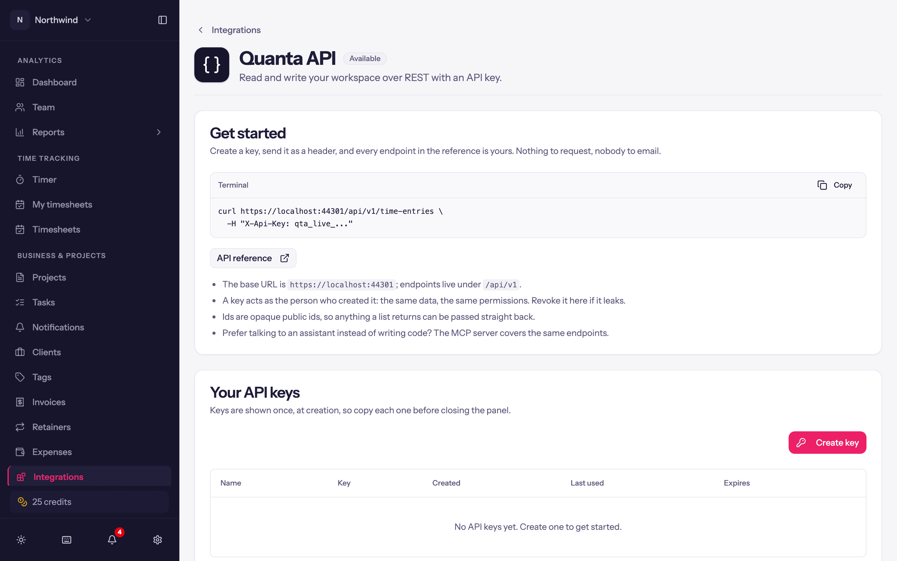 The Quanta API page: the curl example and your API keys.