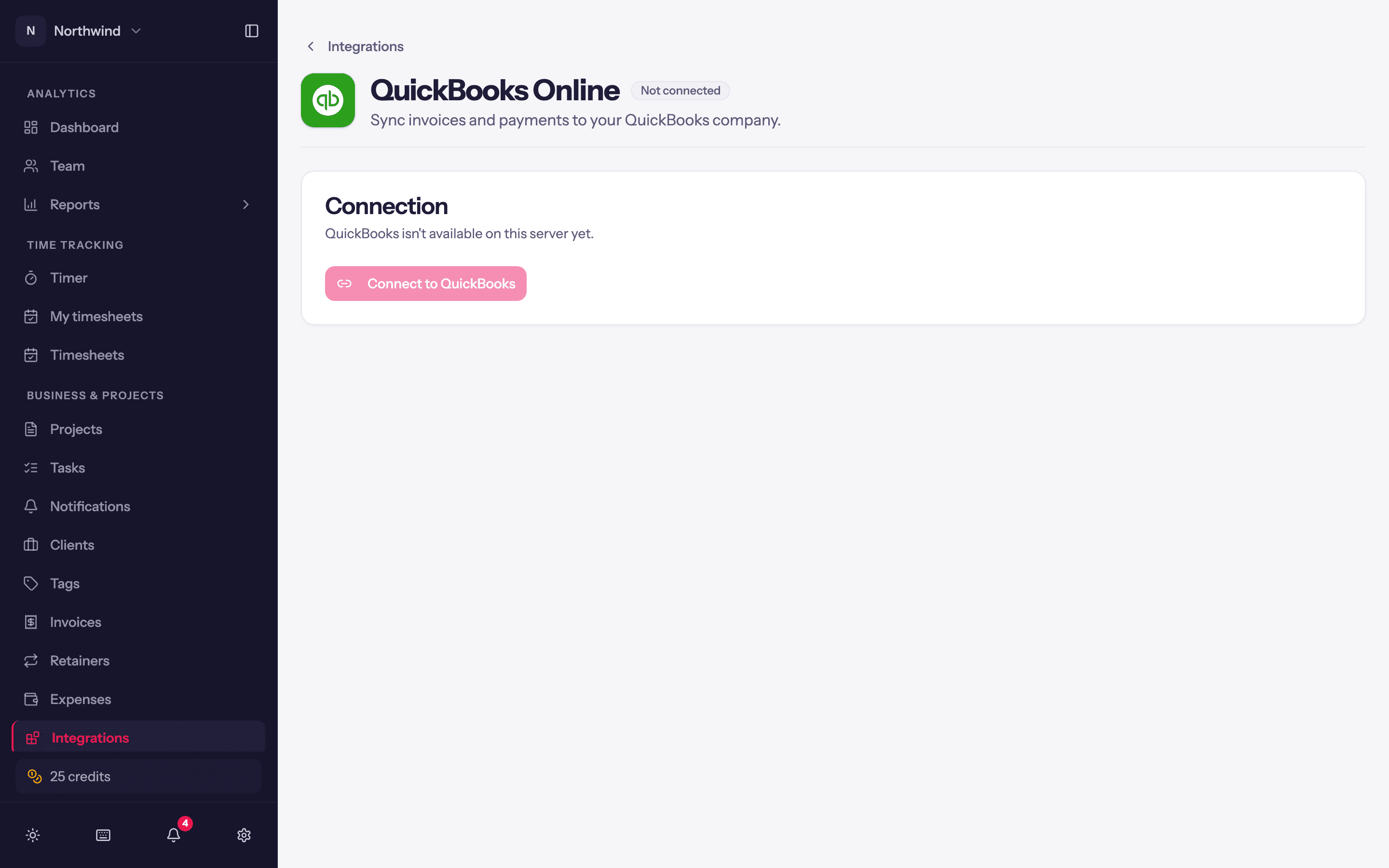 The QuickBooks Online integration page before connecting.