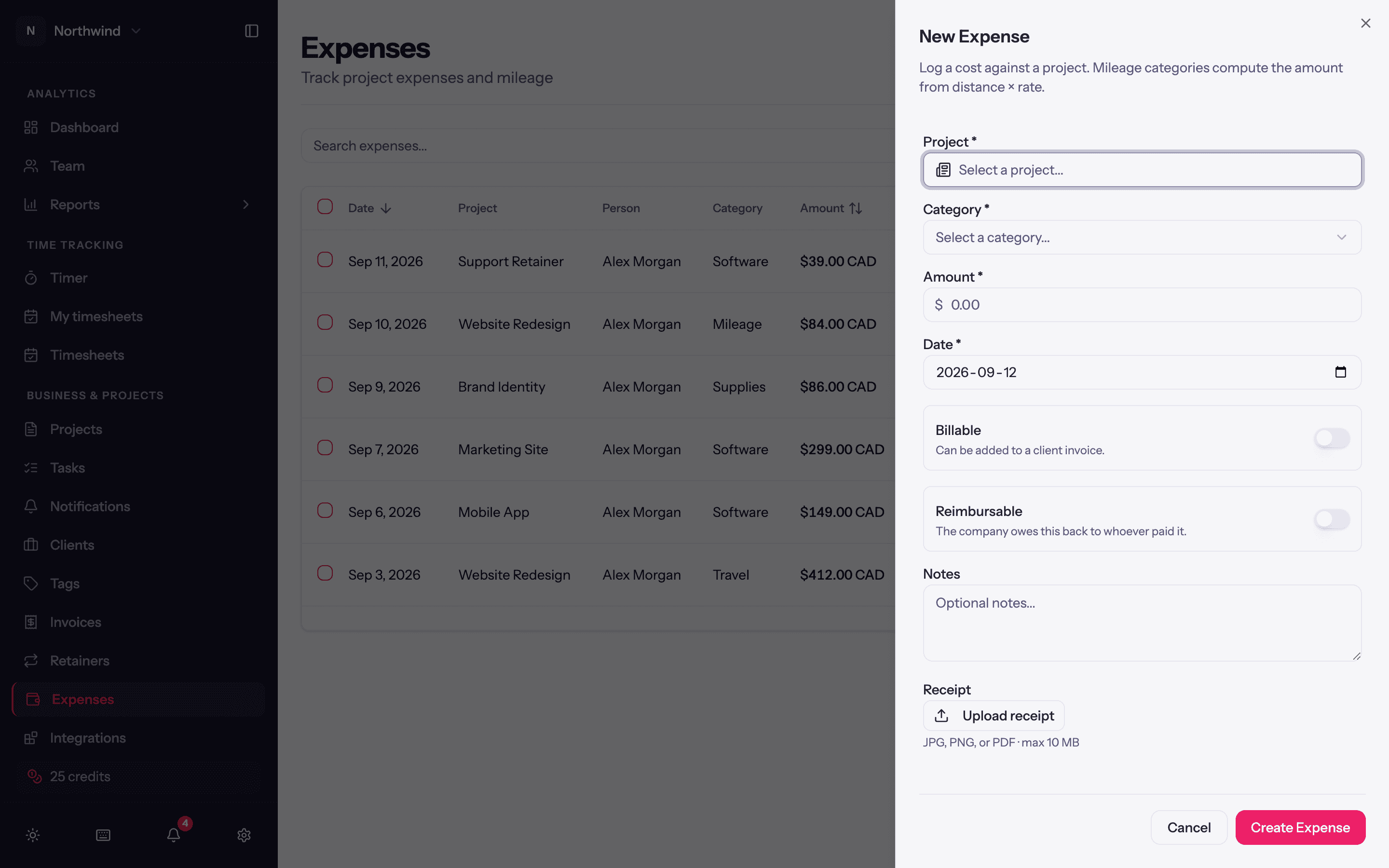 The expense sheet: project, category, amount, date, billable, reimbursable, notes and receipt.