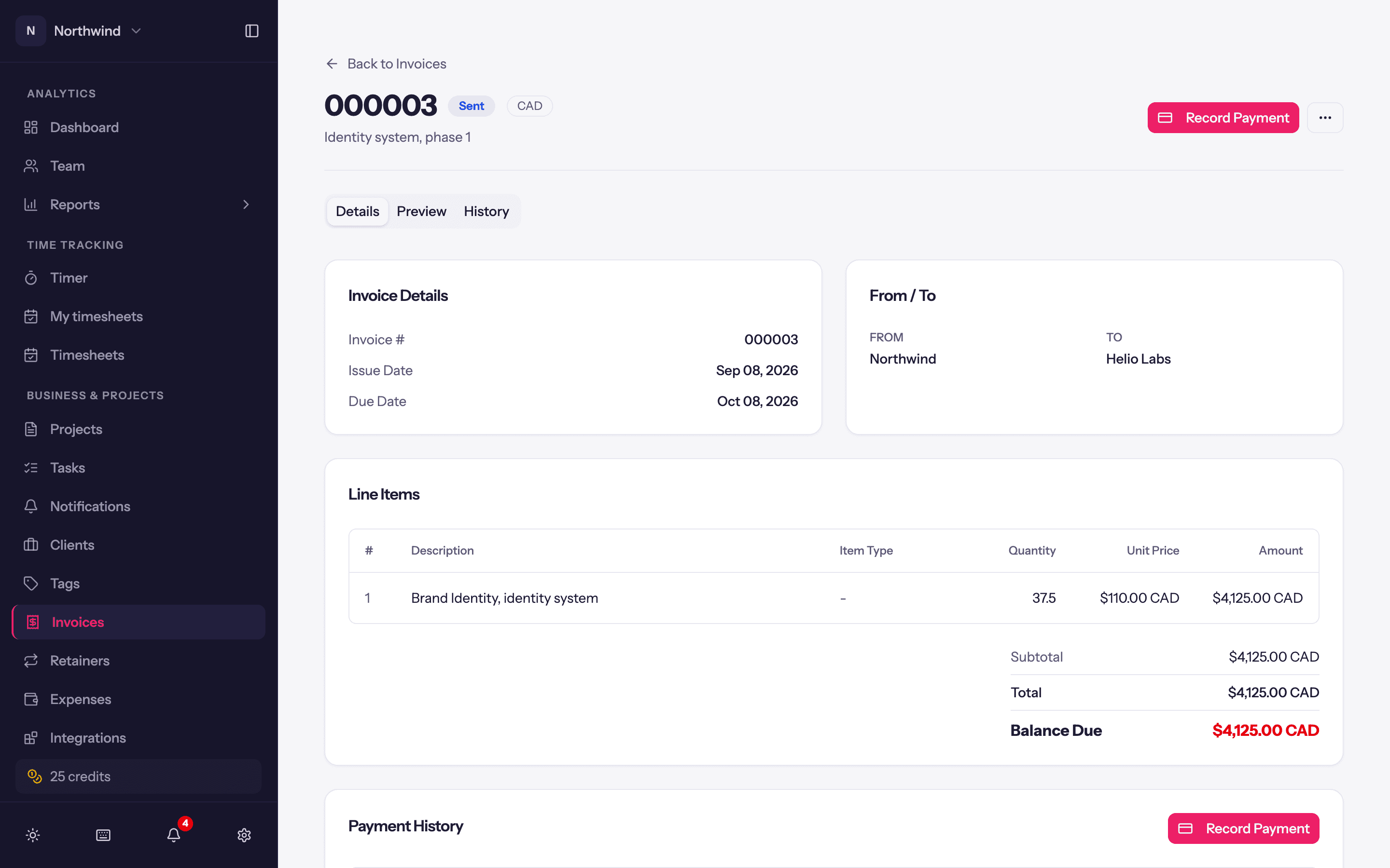 An invoice page: status badge, primary actions, the ⋯ menu, and the Details, Preview and History tabs.