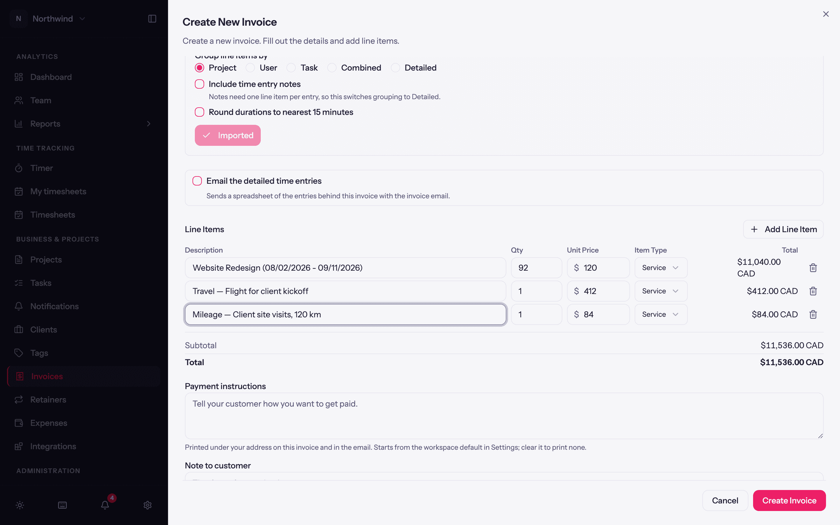 The invoice sheet: header fields, the import panel with projects as rows, and the imported line items.