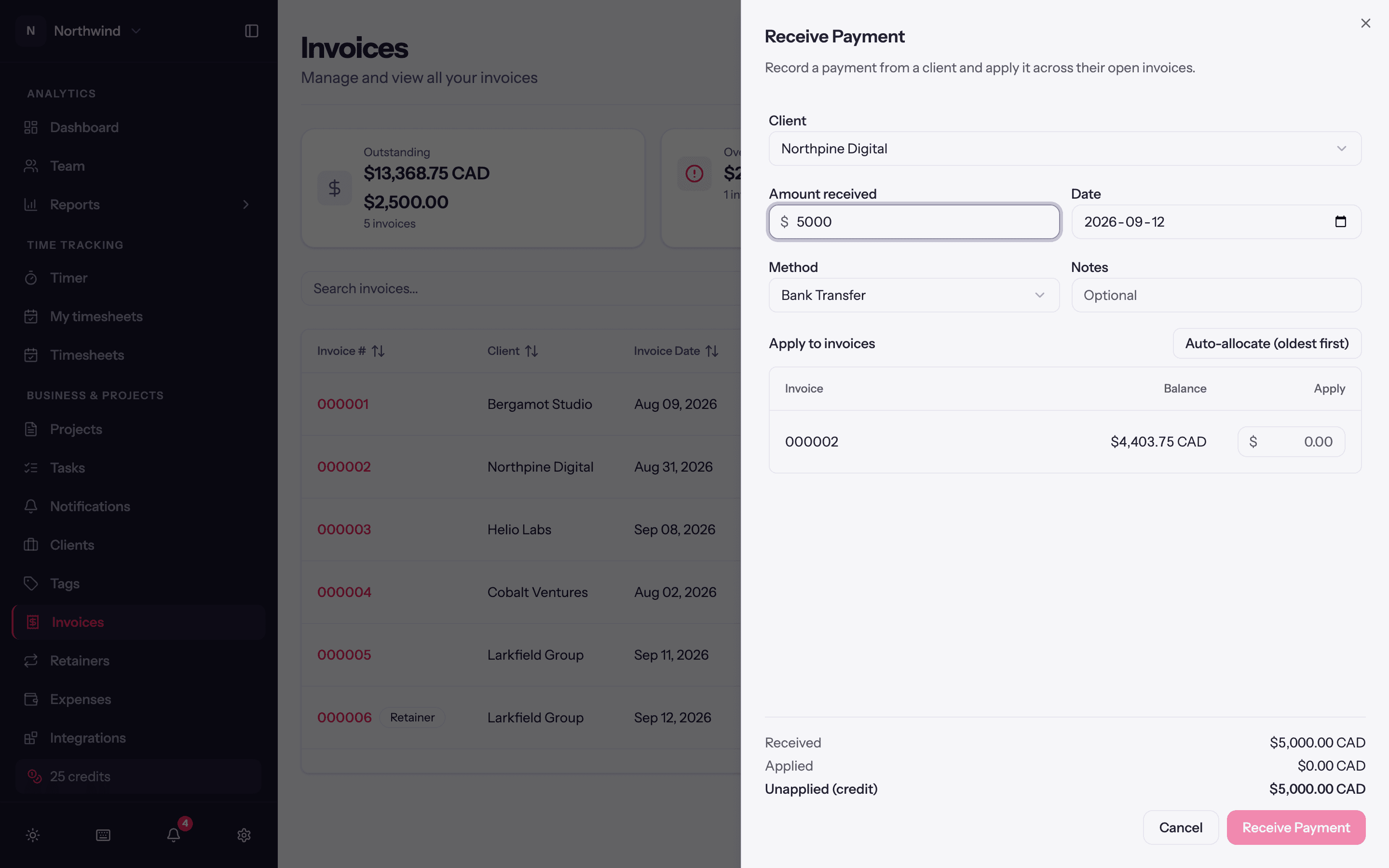 The Receive Payment sheet: one amount applied across a client's open invoices.