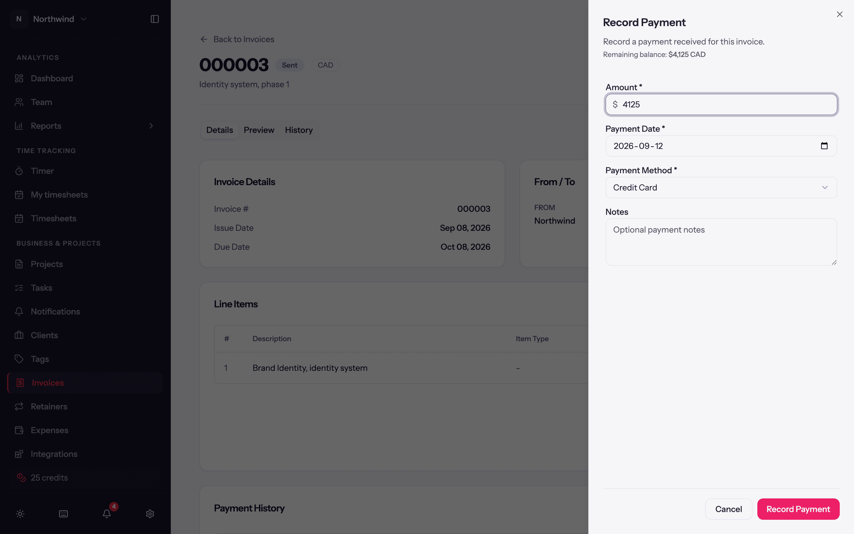 The Record Payment sheet on an invoice.