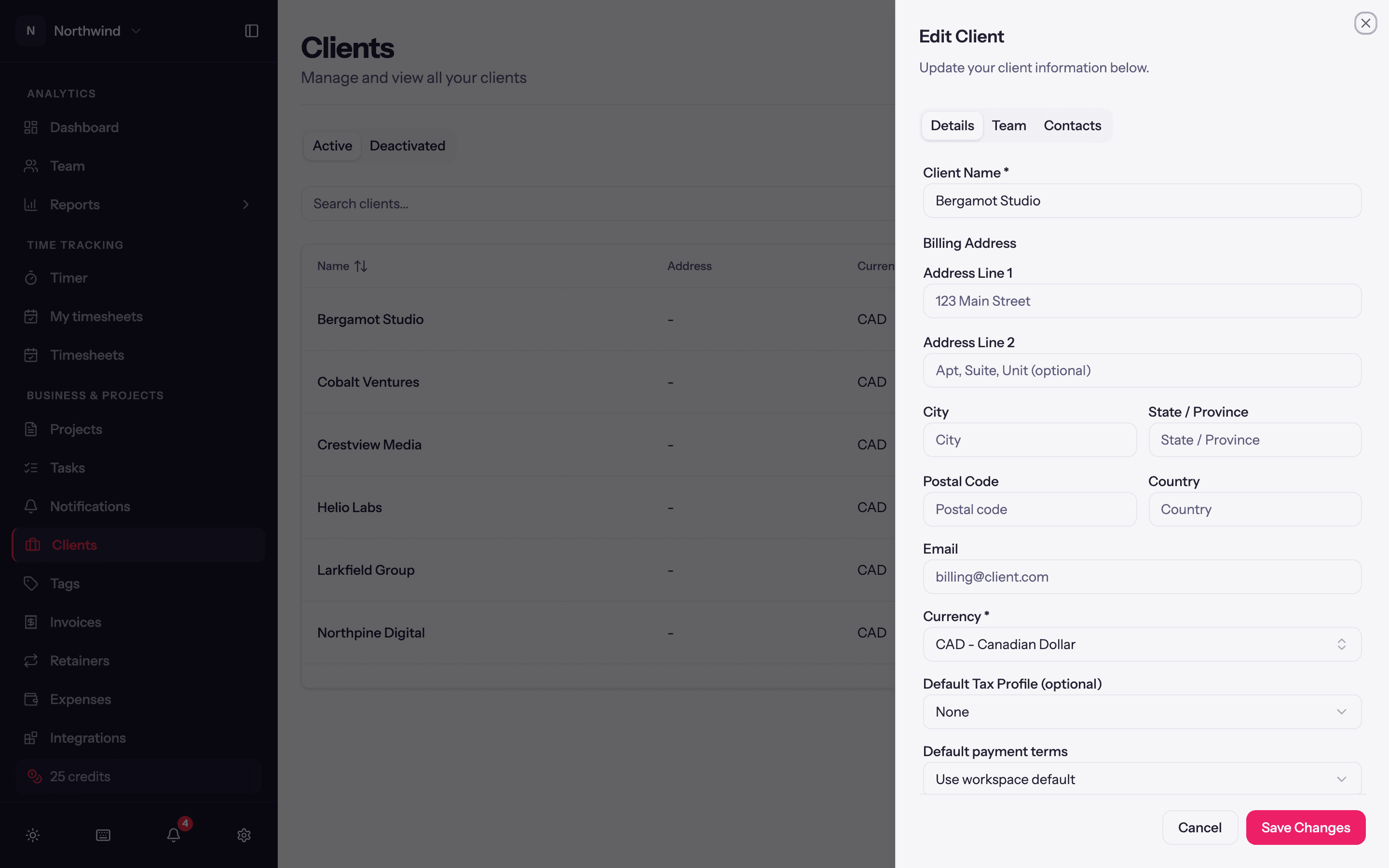 The client sheet: billing details, terms, reminders, client managers and leads, and contacts.