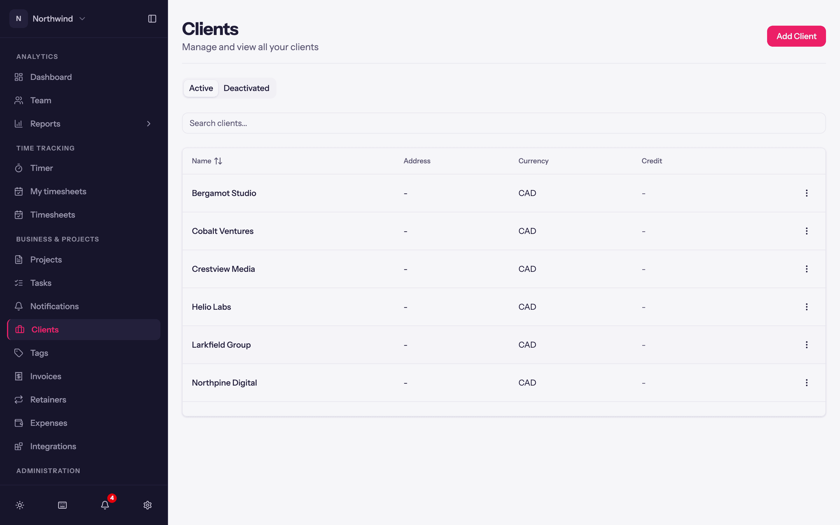 The Clients list, showing each client's projects and status, with Add Client at the top.