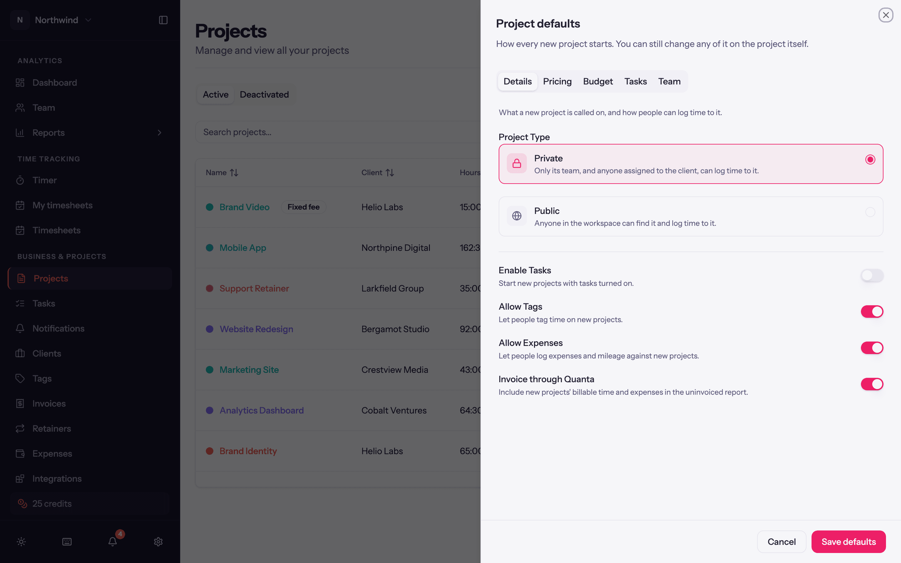 The Project defaults sheet: how every new project starts.