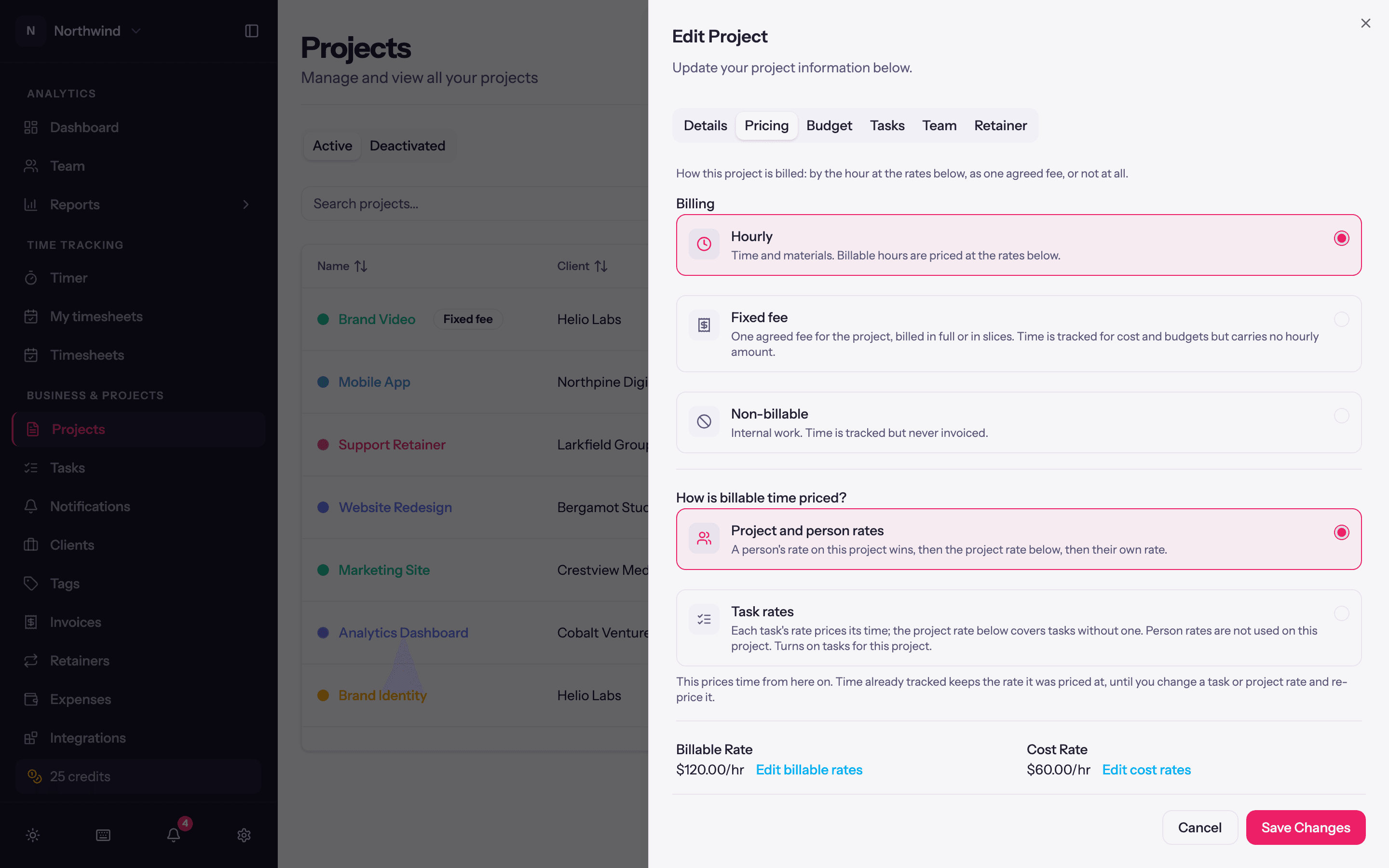The Pricing tab: Hourly, Fixed fee or Non-billable, how billable time is priced, and the rates.