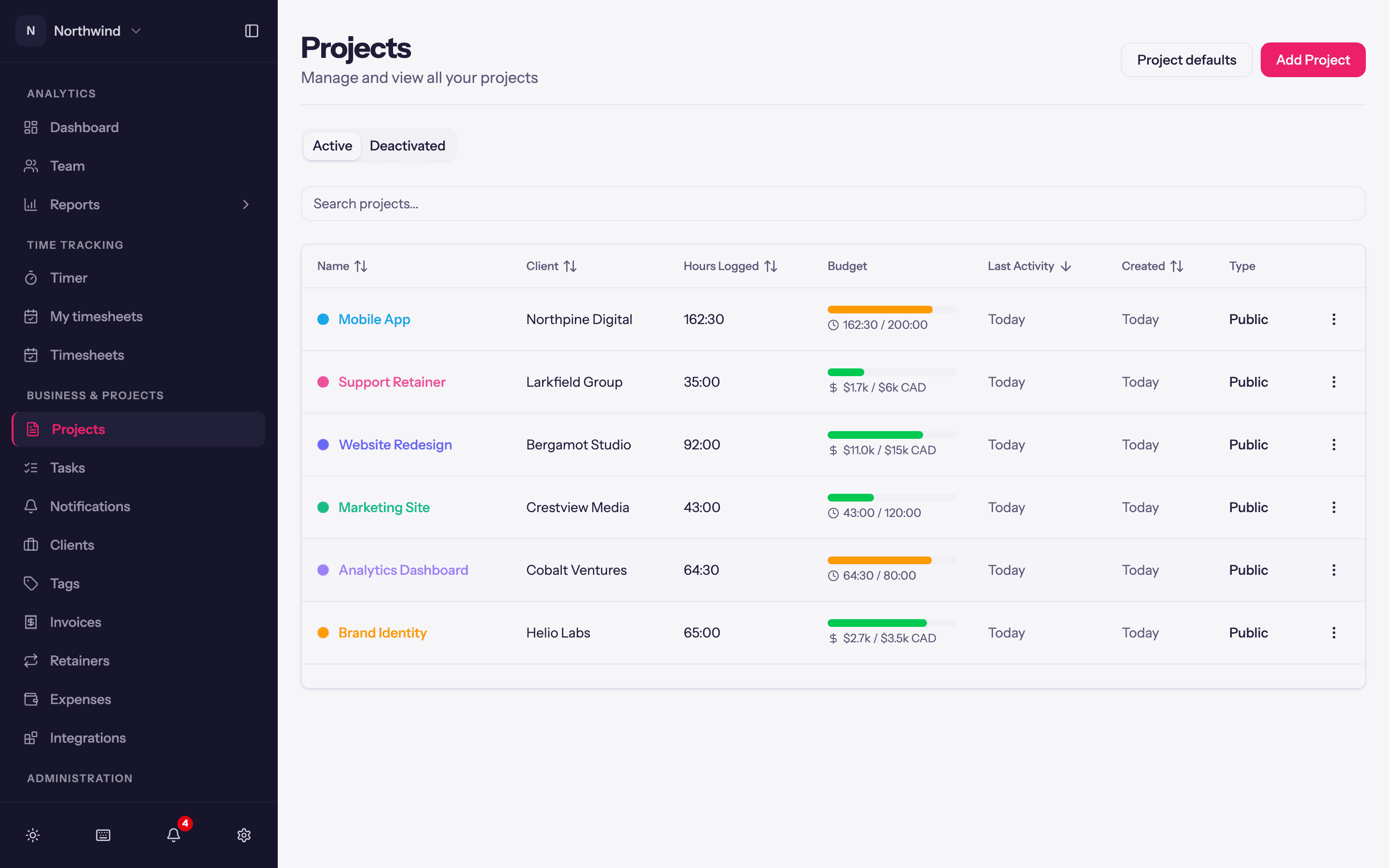 The Projects list with the Add Project and Project defaults buttons, and one project's row menu open.