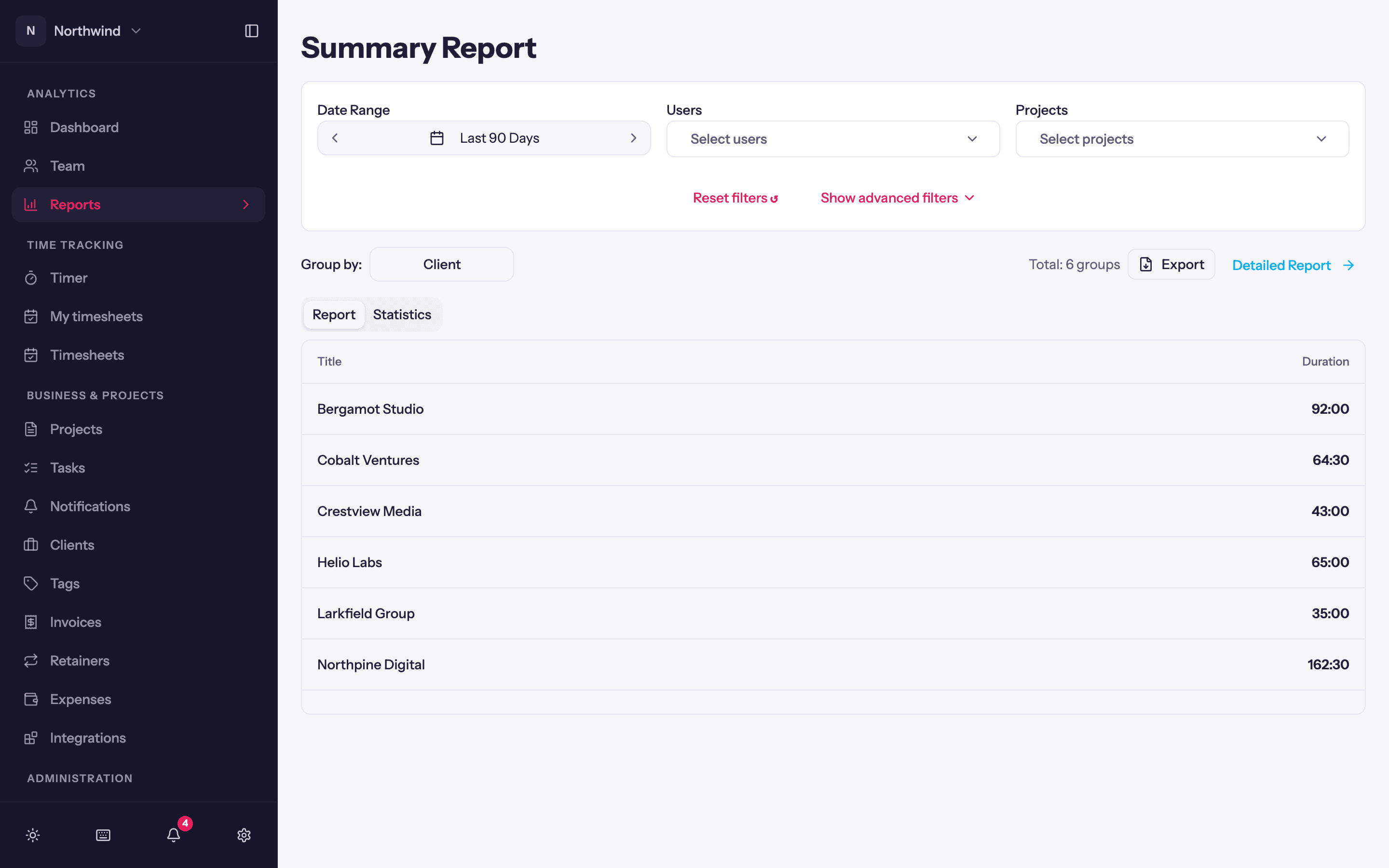 The Summary report grouped by project, with hours and amounts per row and a chart of hours by week above.
