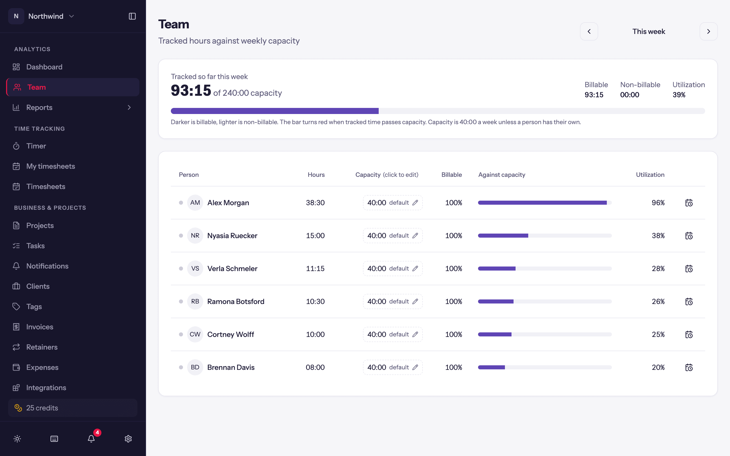 The Team page: each person's hours against their weekly capacity.