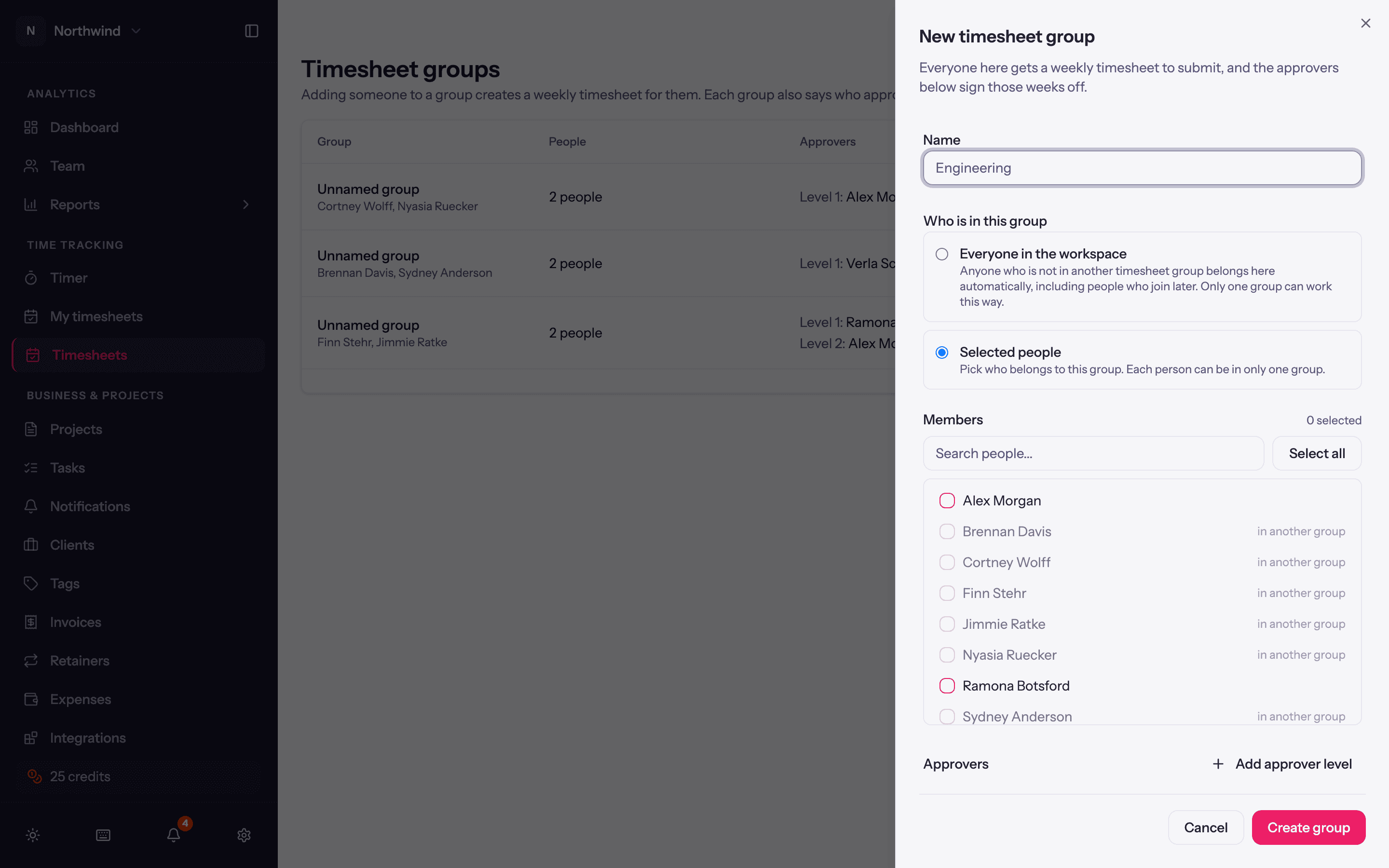The New group sheet: name, members, approver levels, minimum hours, start week and reminders.