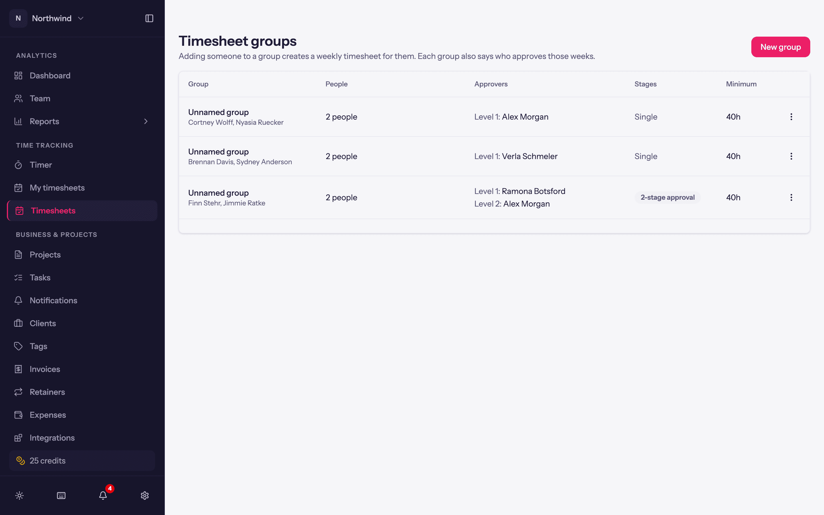 The Timesheet groups list.