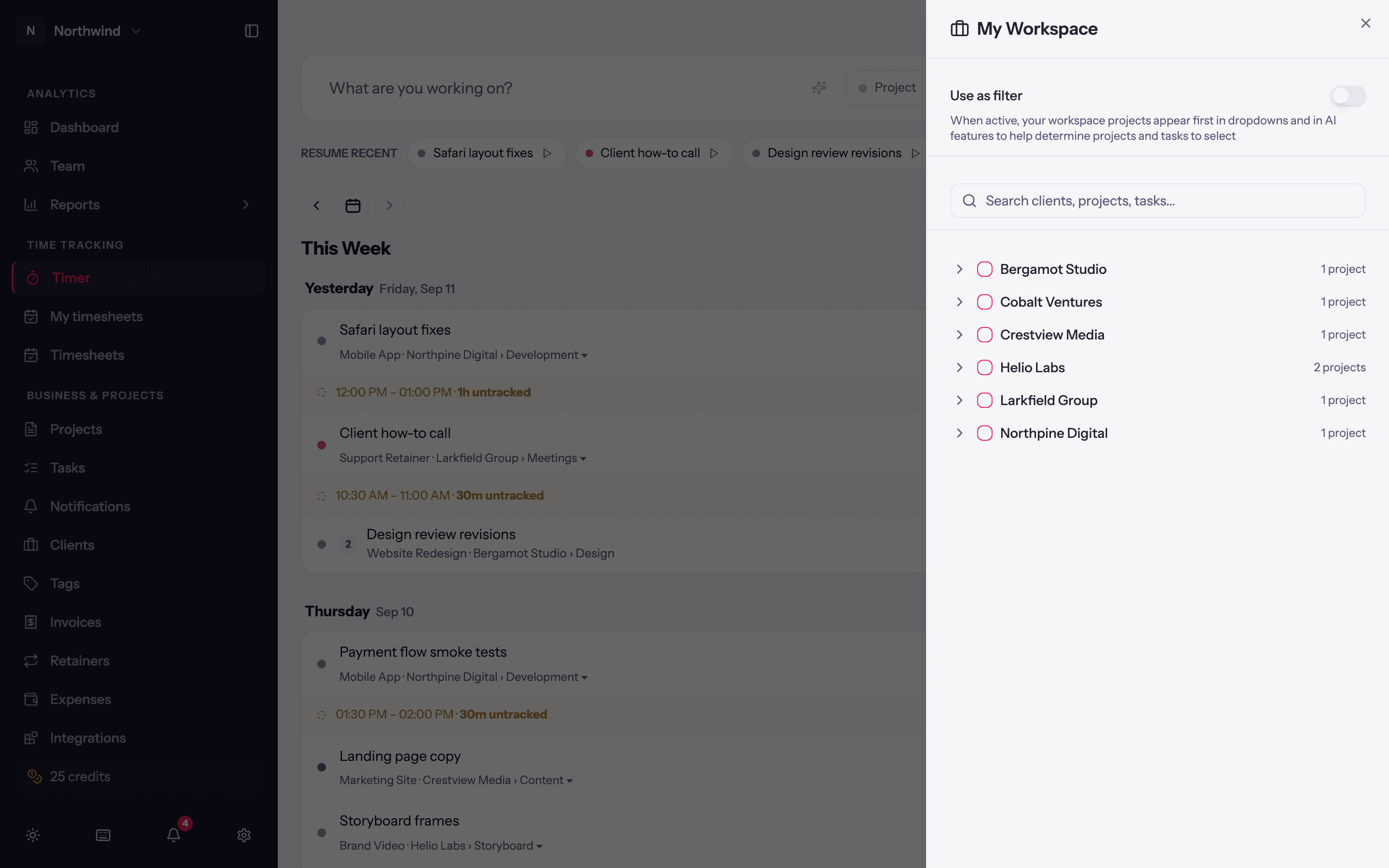 The My Workspace panel: tick clients, projects or tasks to pin them, with Use as filter at the top.