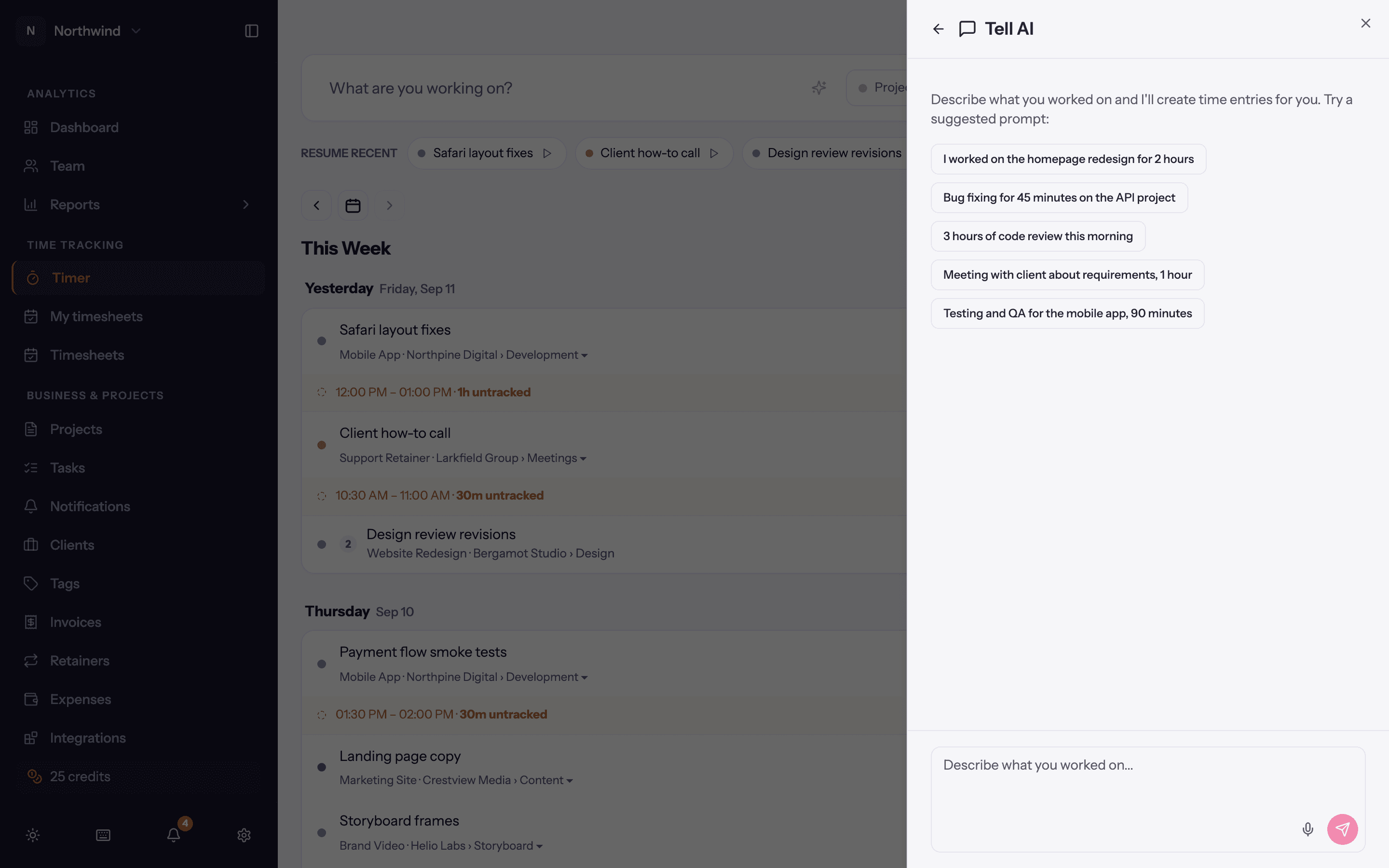 The Tell AI panel: type or dictate what you did and the entries are extracted for review.
