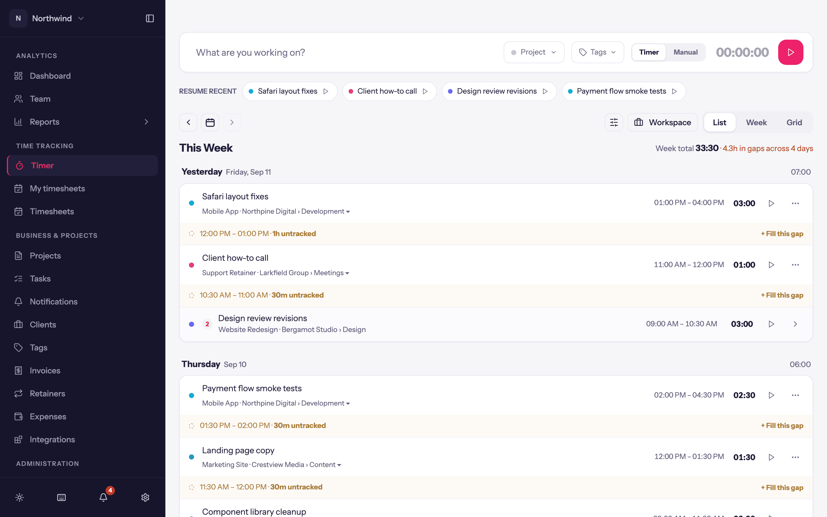 List view: the current week's entries grouped by day, each row showing description, project, tags, times and duration.