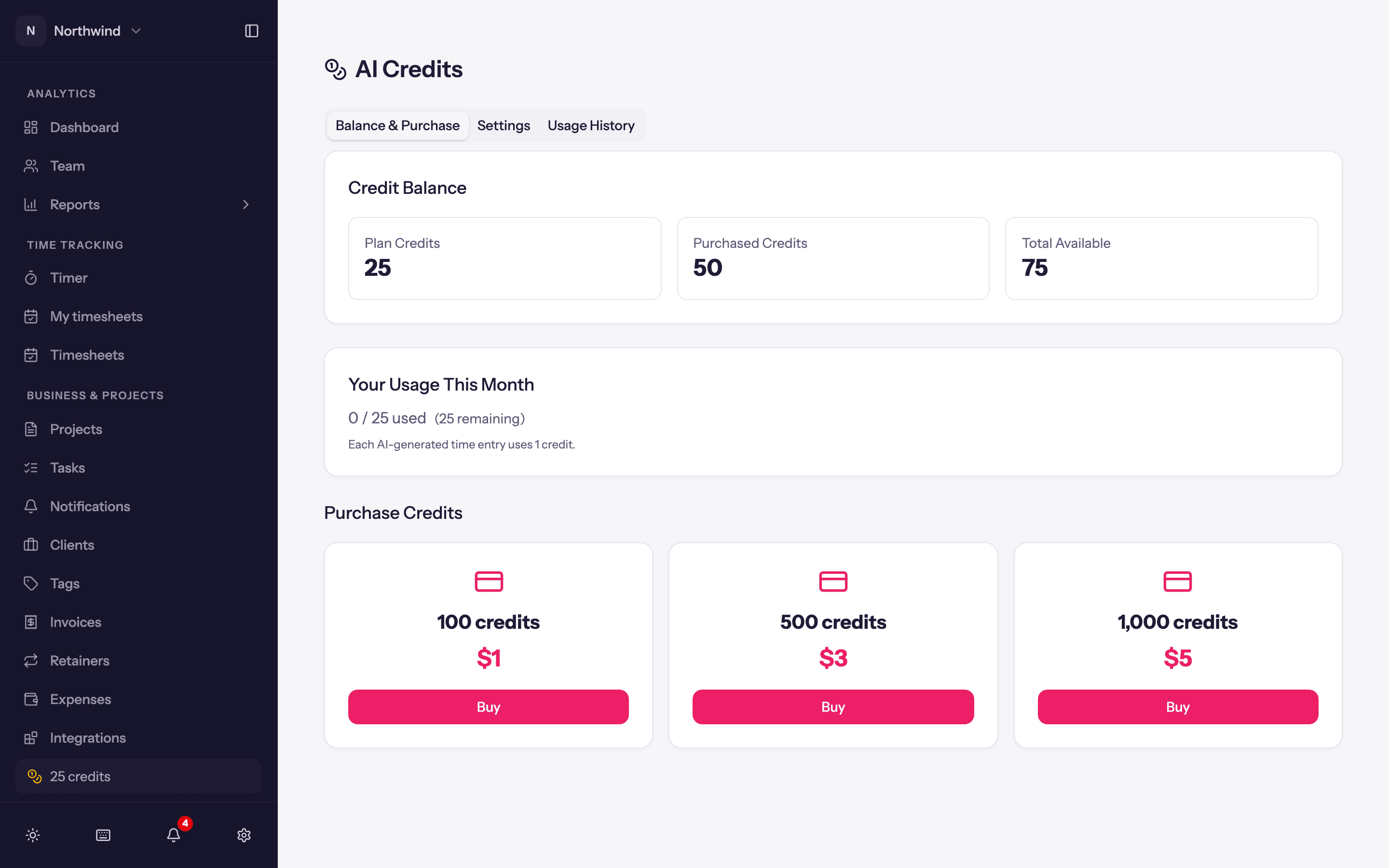 The AI Credits page: balance, purchase packs, settings and usage history.