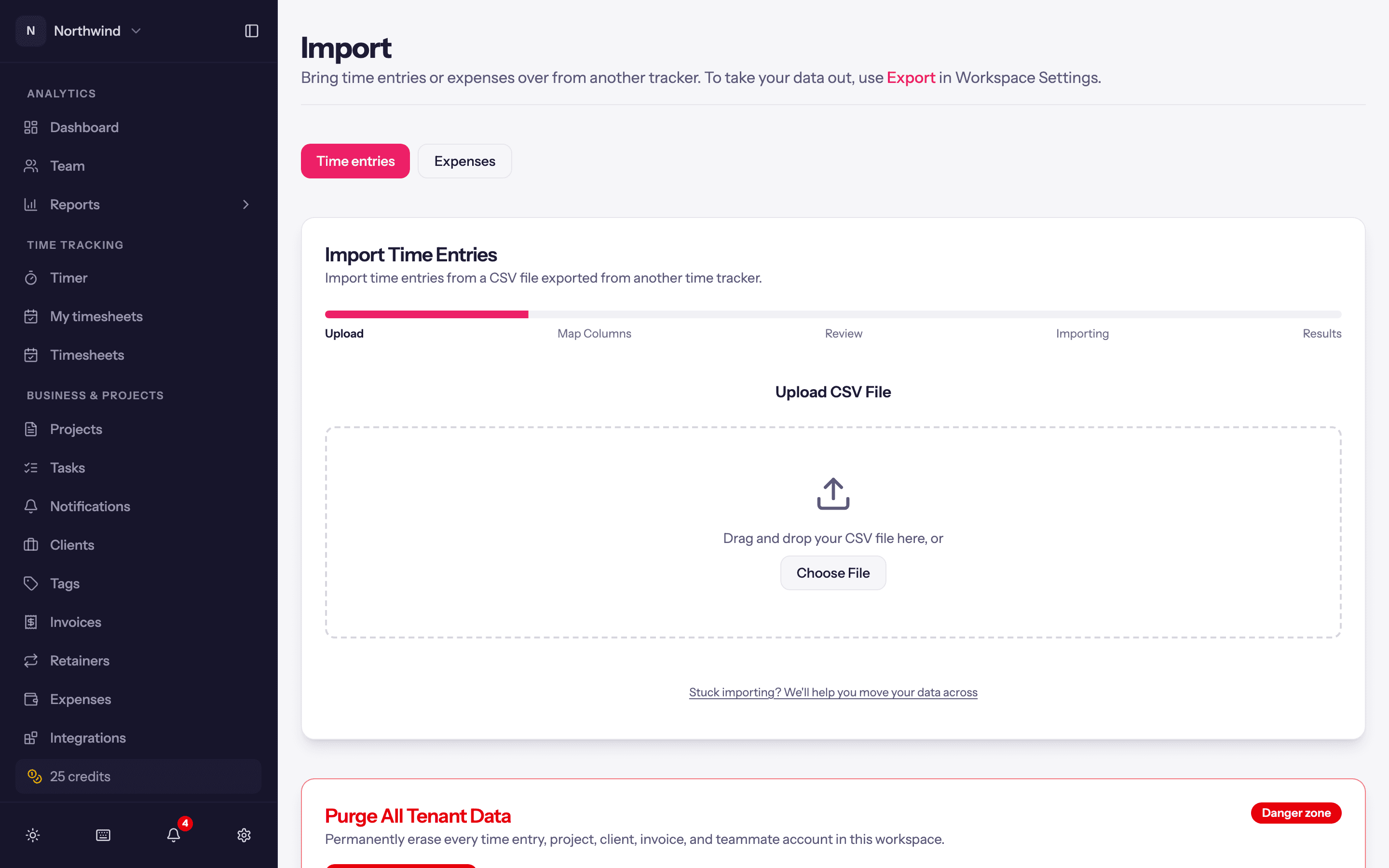 The Import page: Time entries or Expenses, then the Upload step of the wizard.