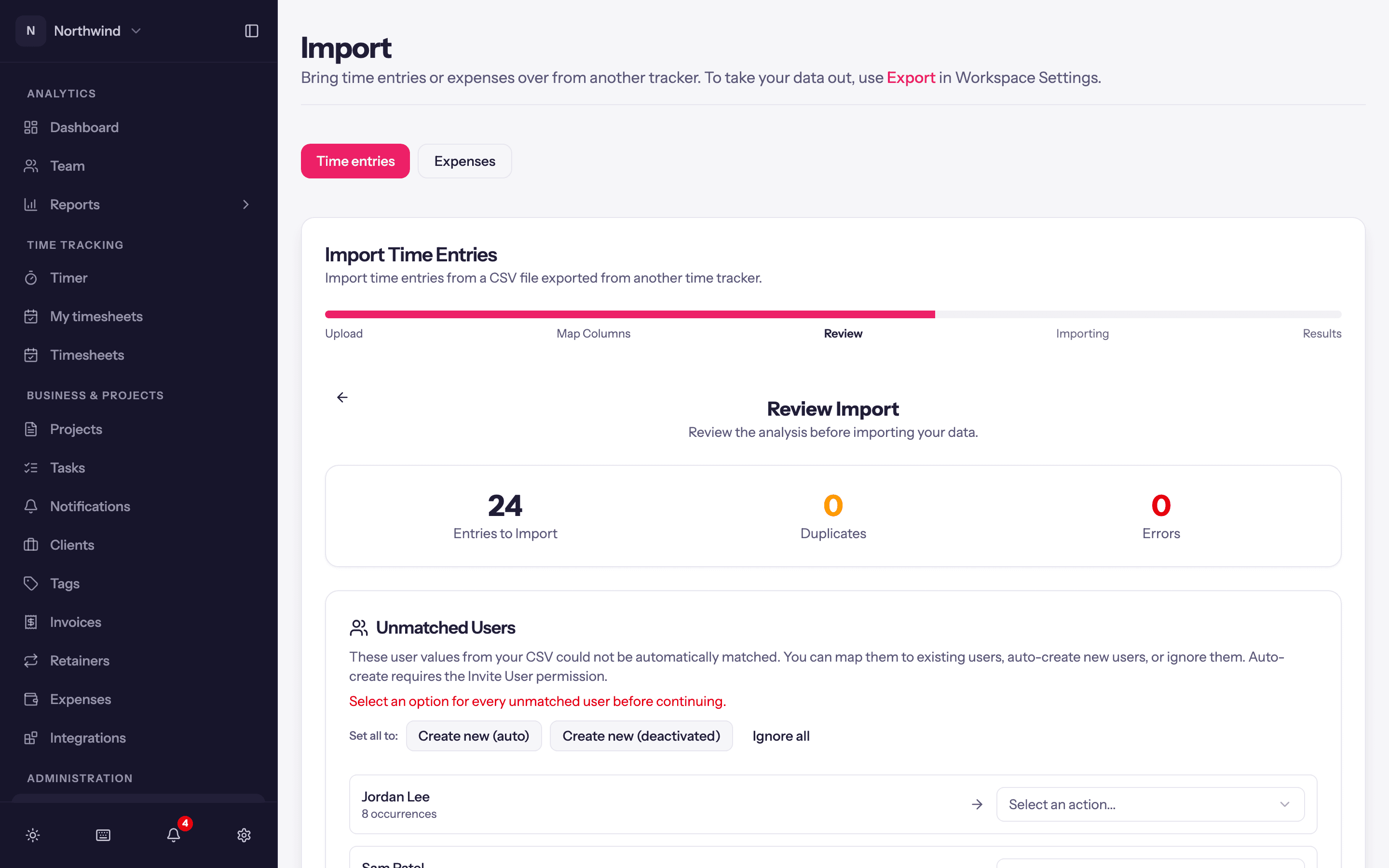 The Review step: entries to import, duplicates and errors, then the unmatched users and member rates.