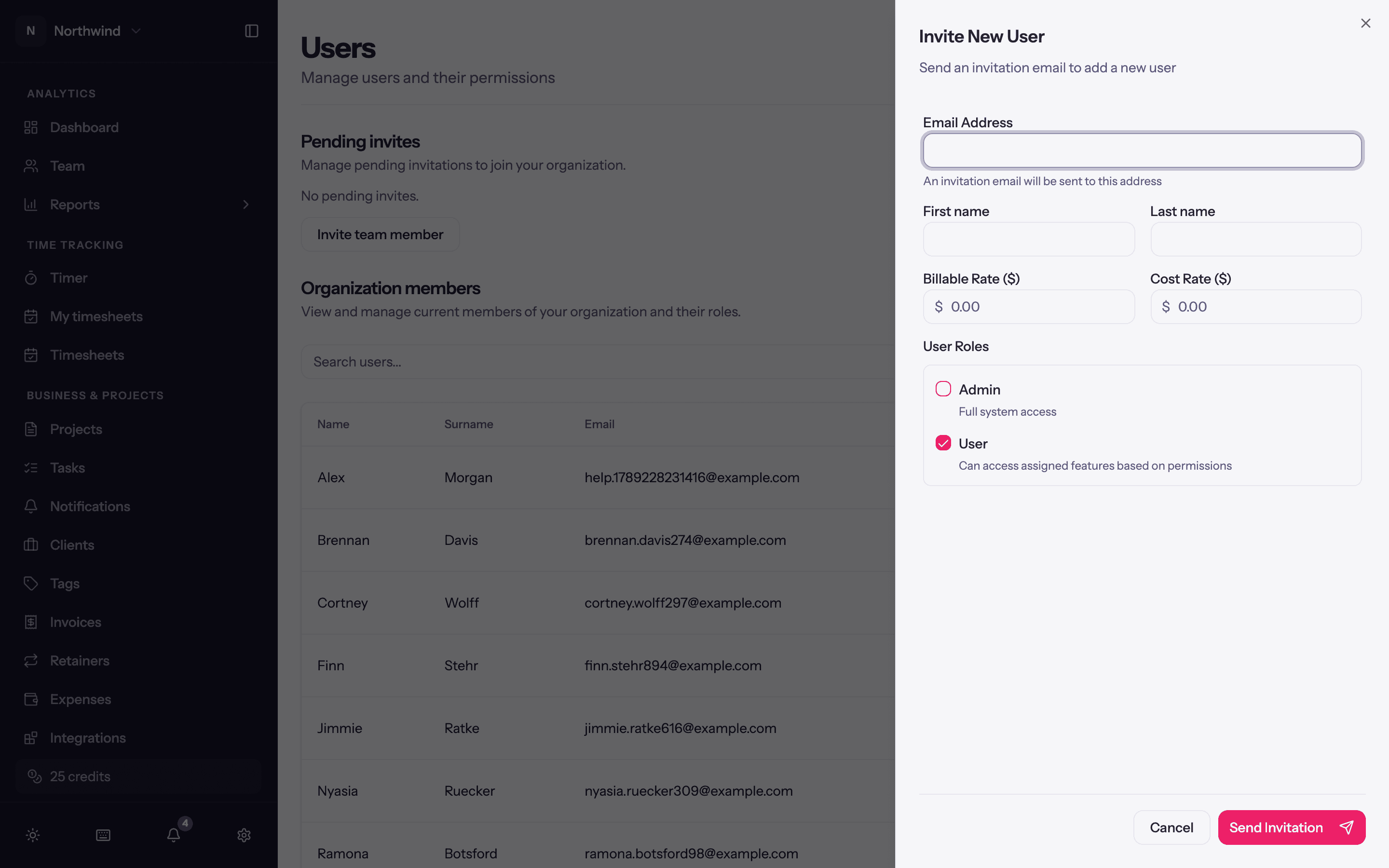 The Invite User sheet.