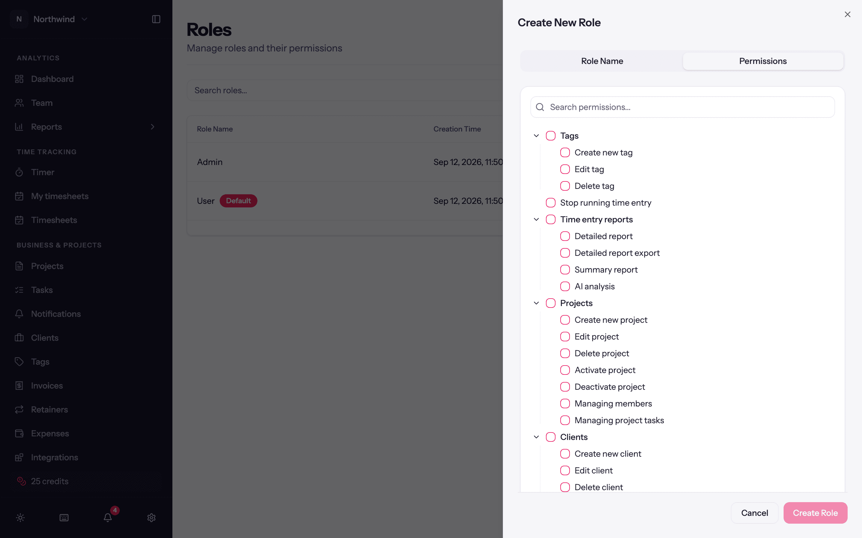 The role sheet on its Permissions tab.
