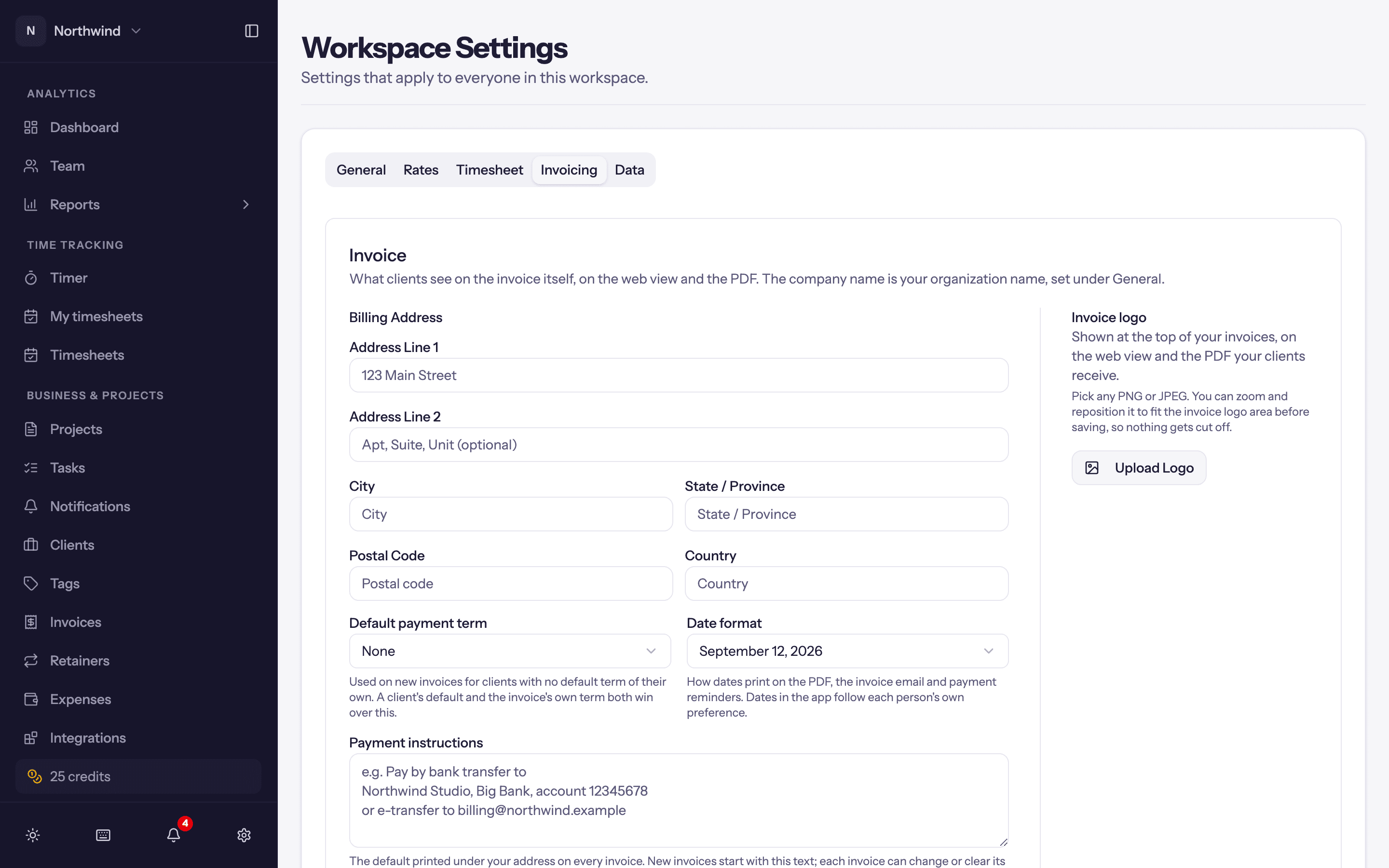 The Invoicing tab of Workspace Settings.