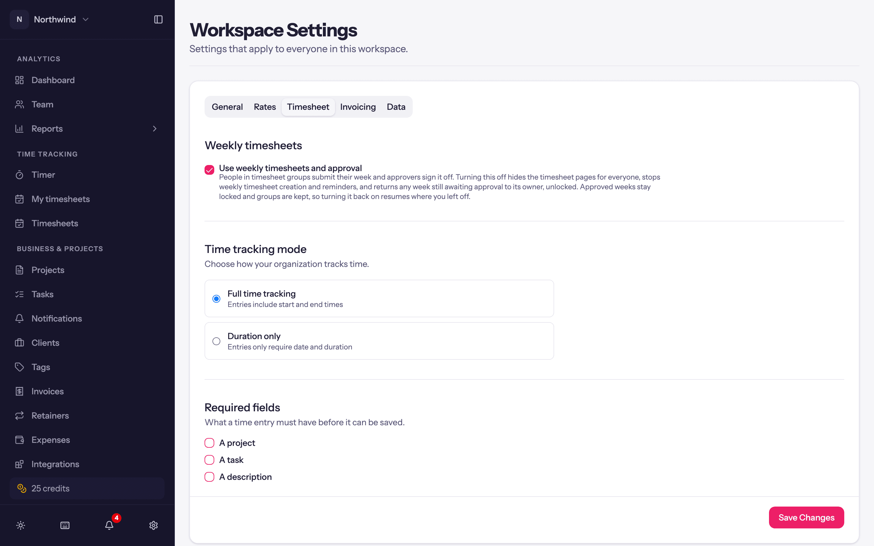 The Timesheet tab: weekly timesheets, time tracking mode and required fields.